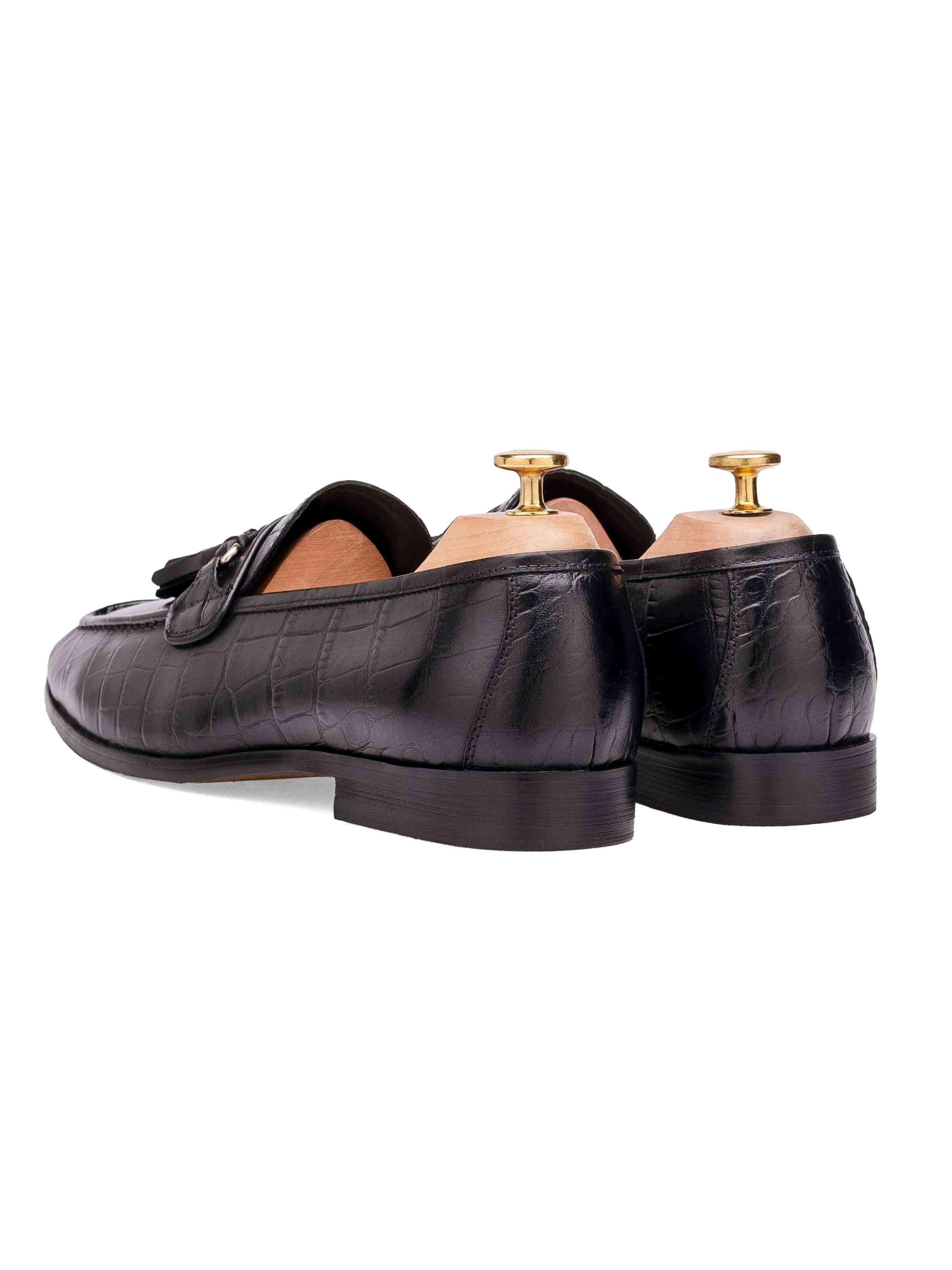 Soft Material Everyday Footwear Elvio Tassel Loafer - Black Croco Polished Leather