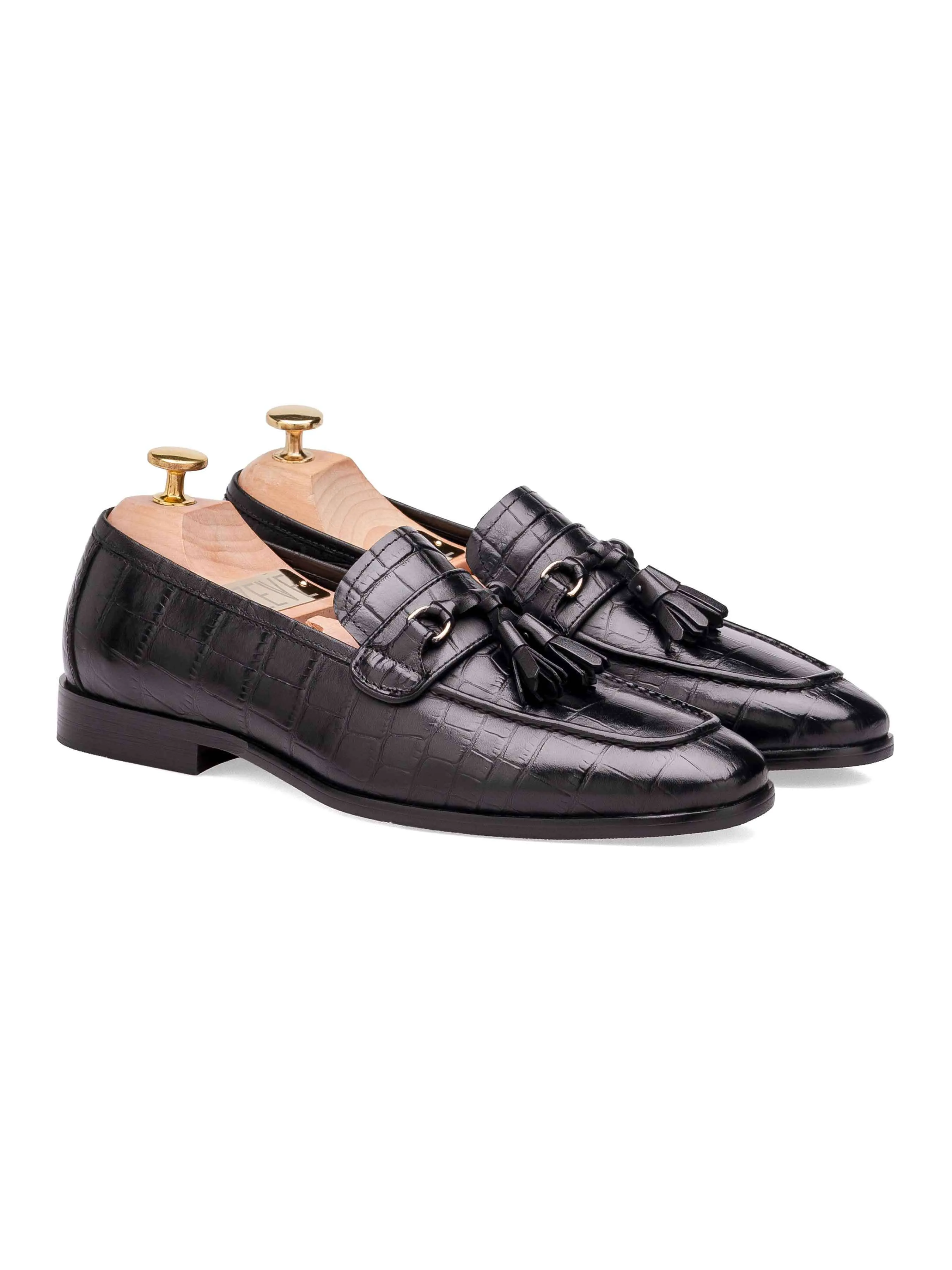 Elvio Tassel Loafer - Black Croco Polished Leather Clear Way