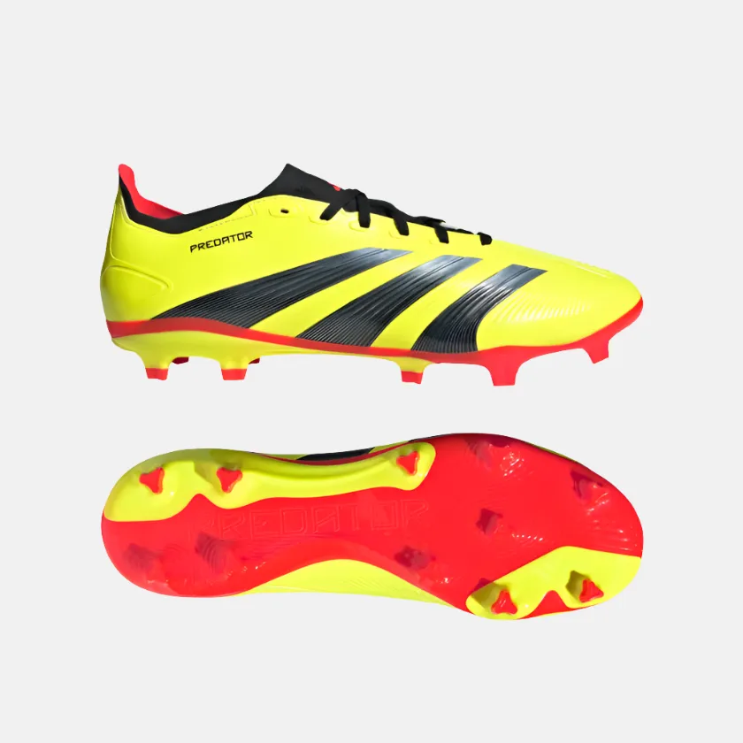 Adidas Predator League Firm Ground Football Shoes -Team Solar Yellow 2/Core Black/Solar Red Wet Grass Team Captain