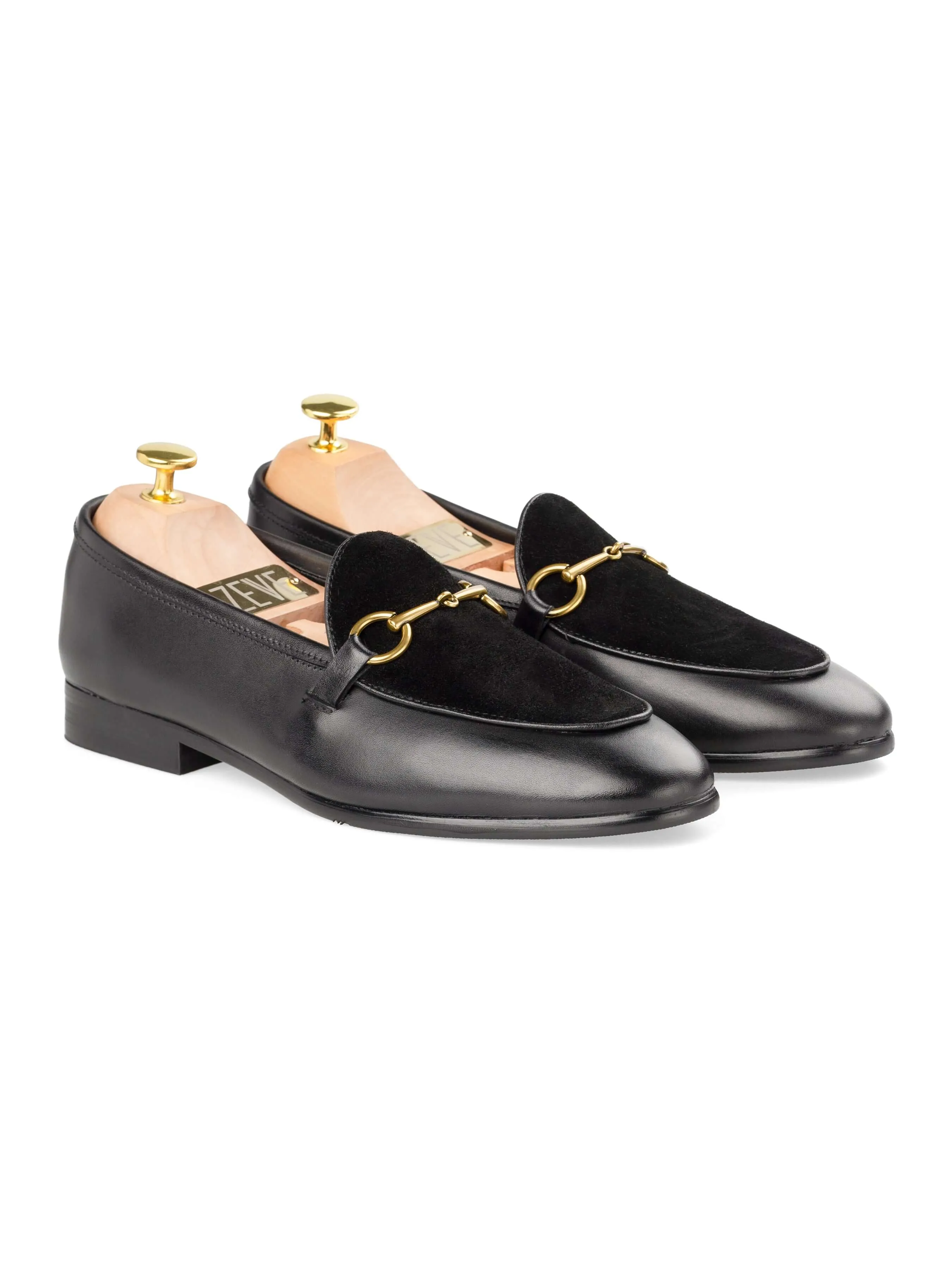 Belgian Loafer Horsebit Buckle - Solid Black & Suede (Gold Buckle) Comfortable Slip-on Design