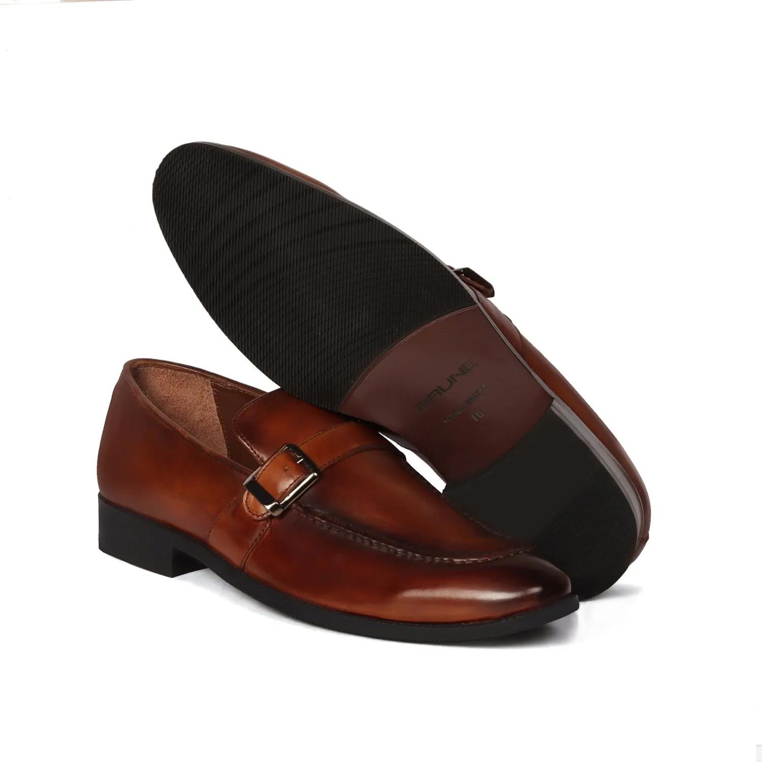 Soft Liner Polished Look Single Monk Tan Leather Apron Toe Buckle Strap Slip-On Shoe With Rubber Sole By Brune & Bareskin