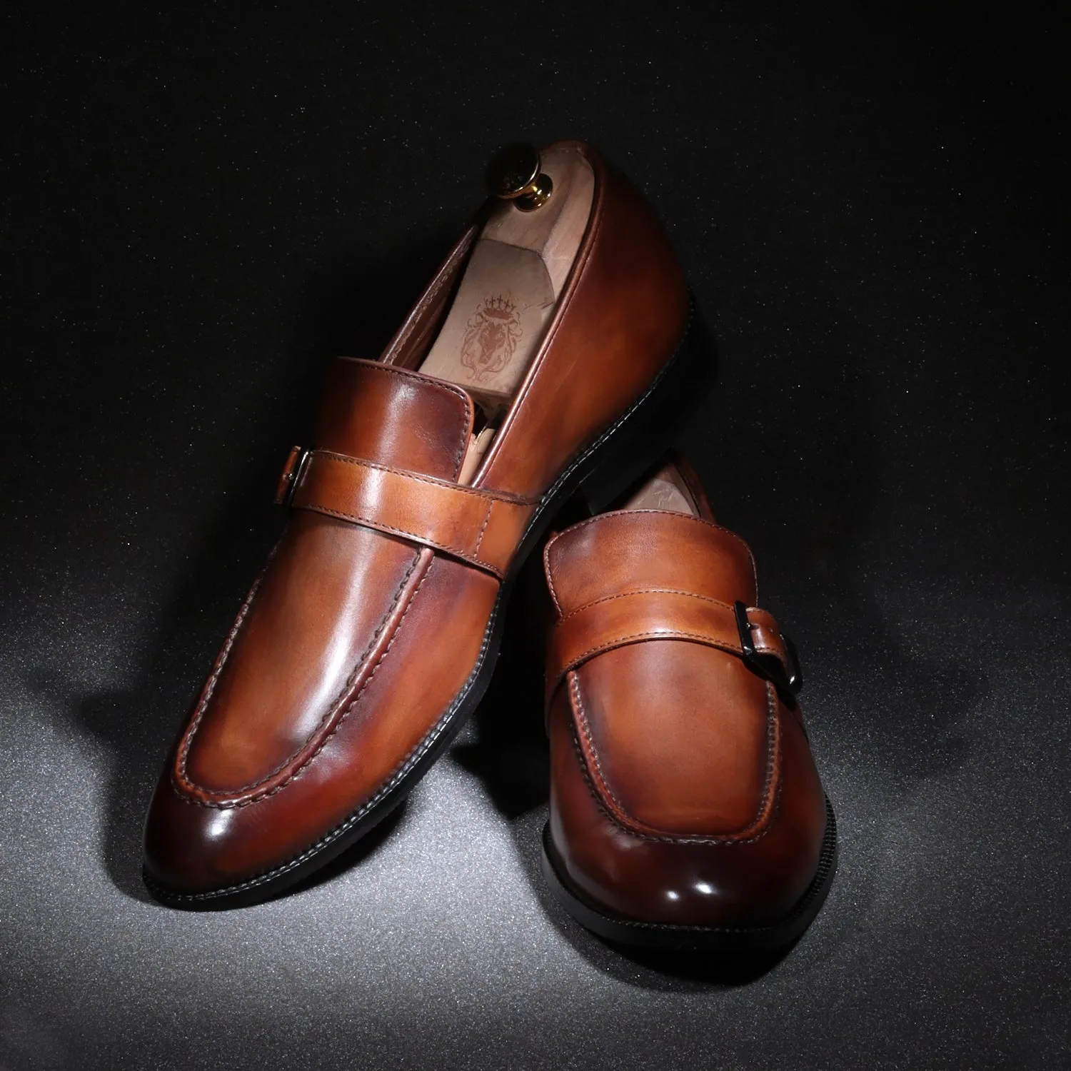 Single Monk Tan Leather Apron Toe Buckle Strap Slip-On Shoe With Rubber Sole By Brune & Bareskin Elegant Appearance Wide Comfort