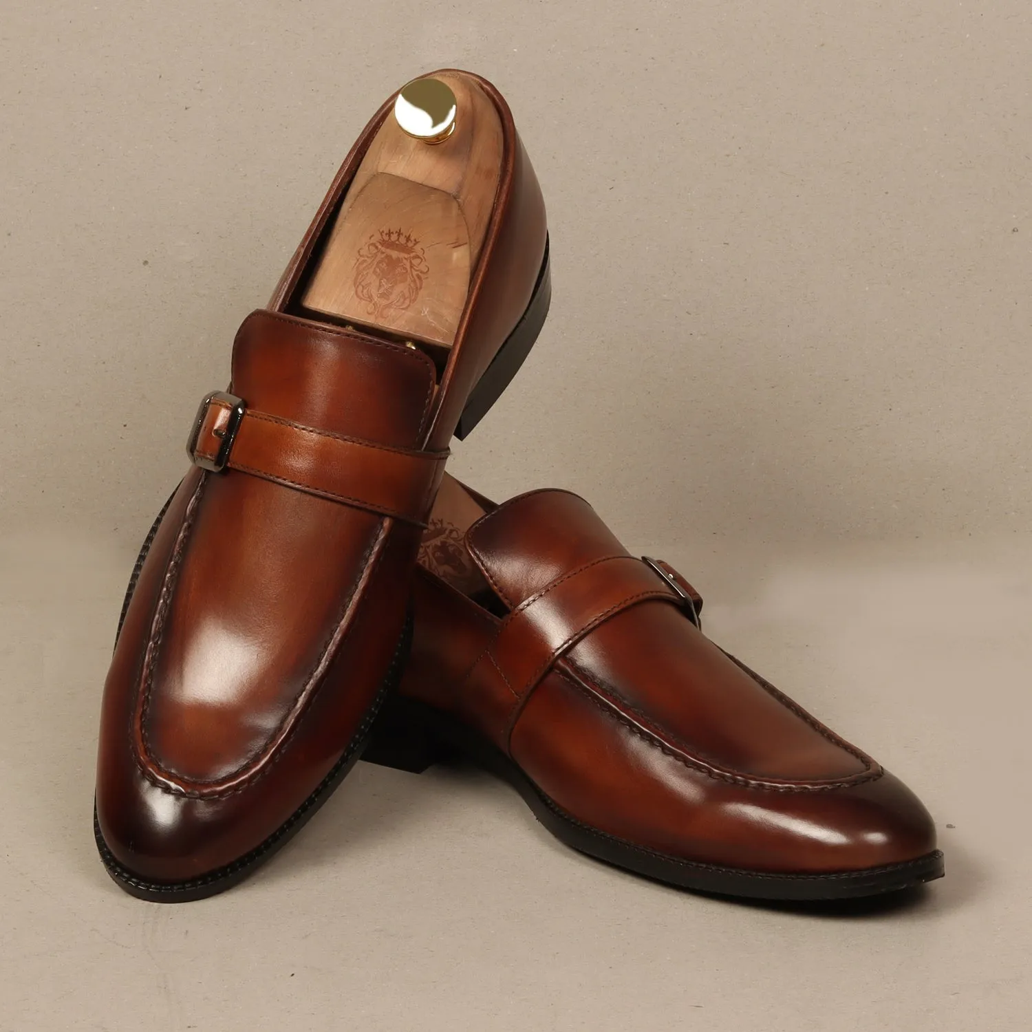 Single Monk Tan Leather Apron Toe Buckle Strap Slip-On Shoe With Rubber Sole By Brune & Bareskin Bold Profile