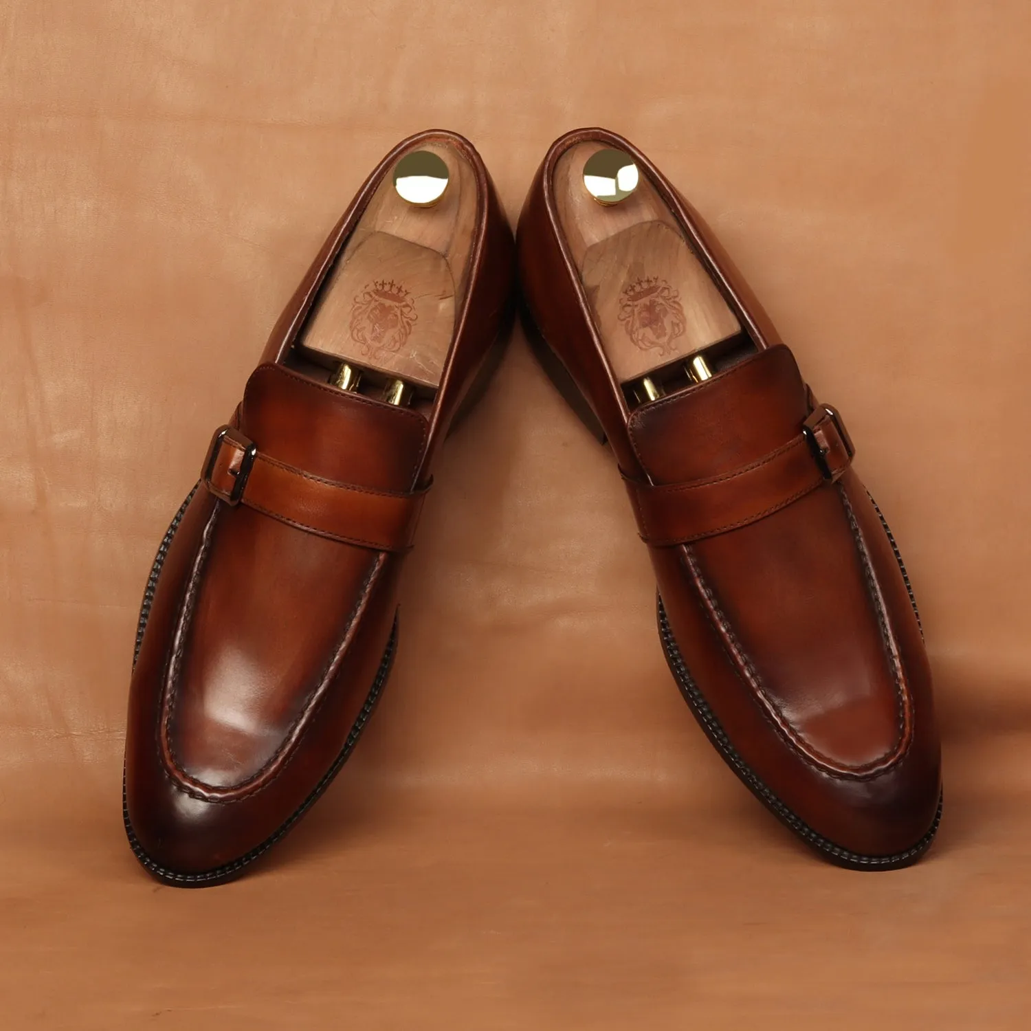 Single Monk Tan Leather Apron Toe Buckle Strap Slip-On Shoe With Rubber Sole By Brune & Bareskin Main Walk