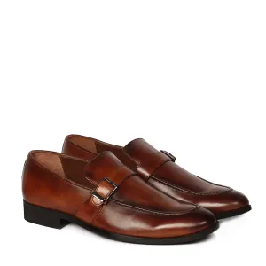 Flex Comfort Single Monk Tan Leather Apron Toe Buckle Strap Slip-On Shoe With Rubber Sole By Brune & Bareskin