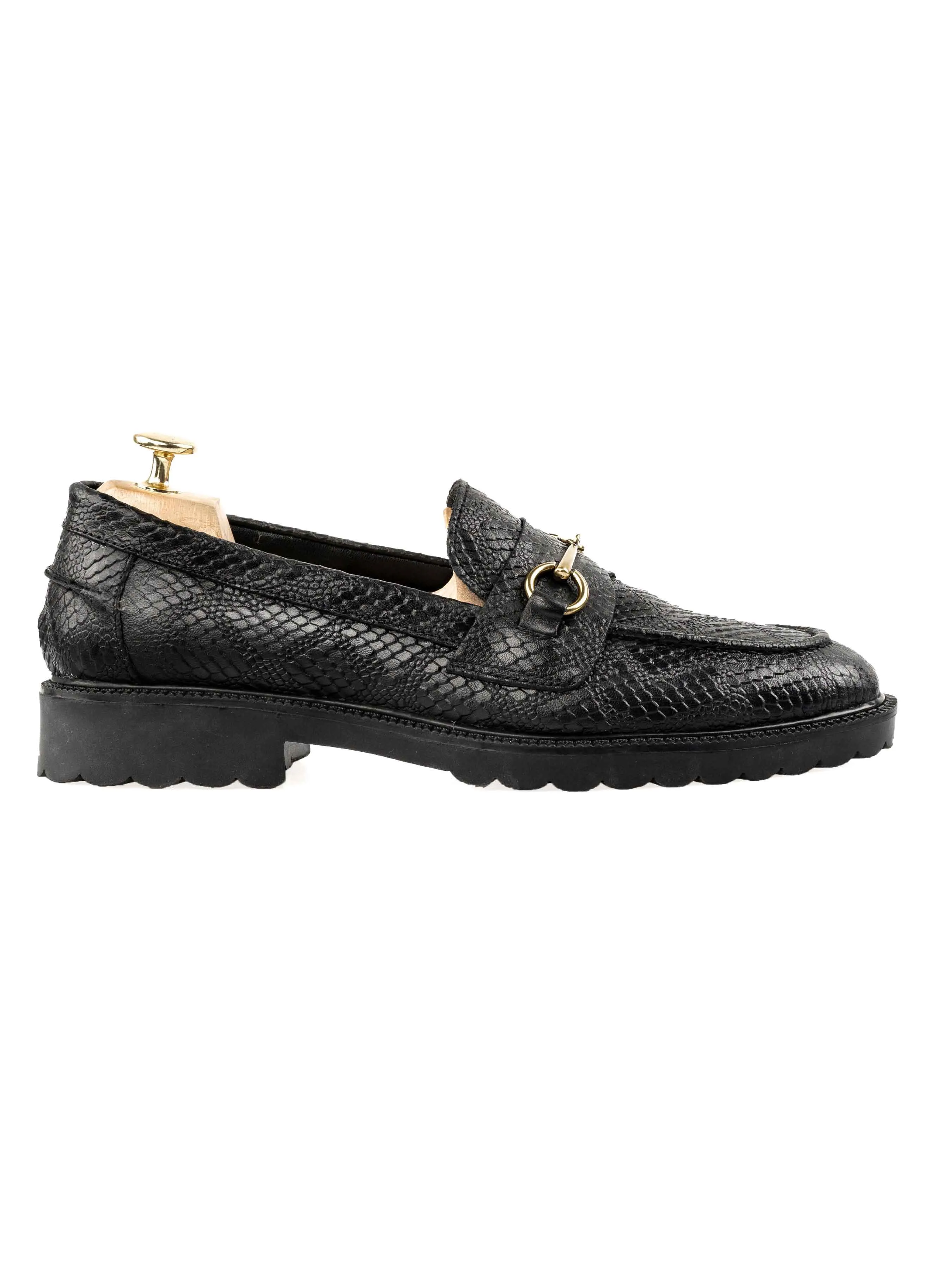 quick dry Flower Walk Penny Loafer Horsebit Buckle - Black Phyton Leather (Combat Sole)