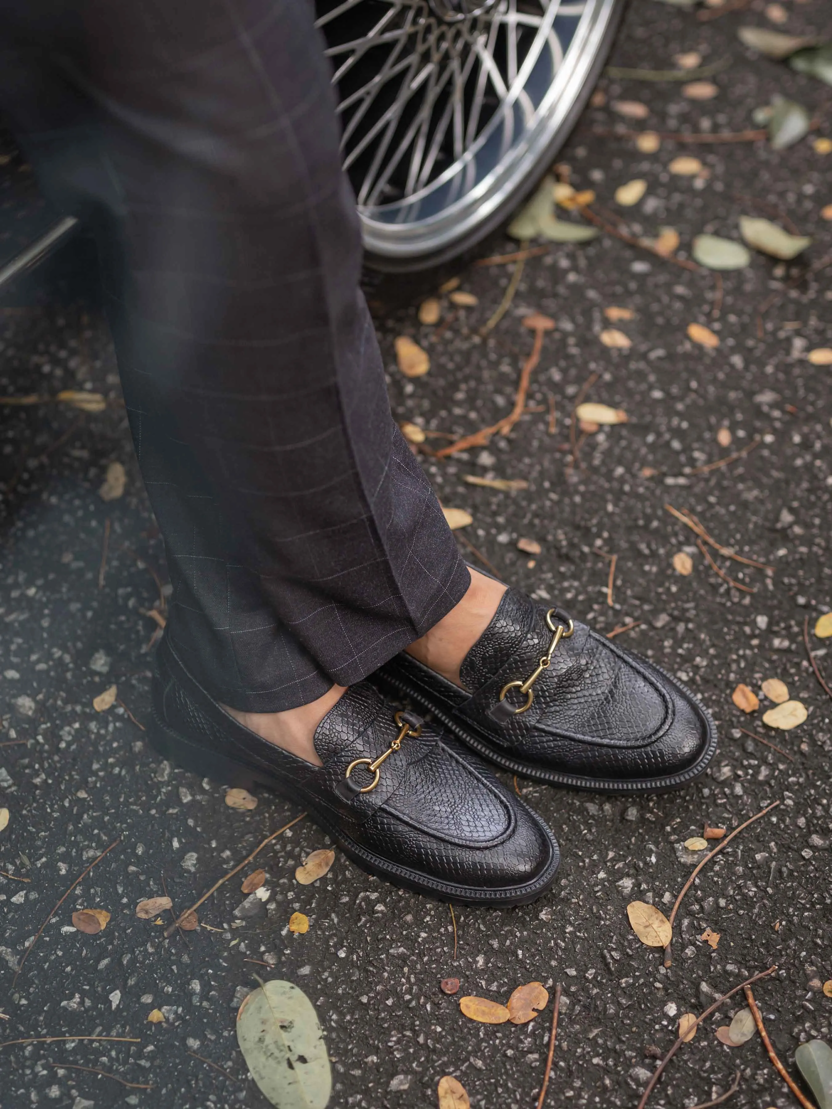 Elegant Look Penny Loafer Horsebit Buckle - Black Phyton Leather (Combat Sole)