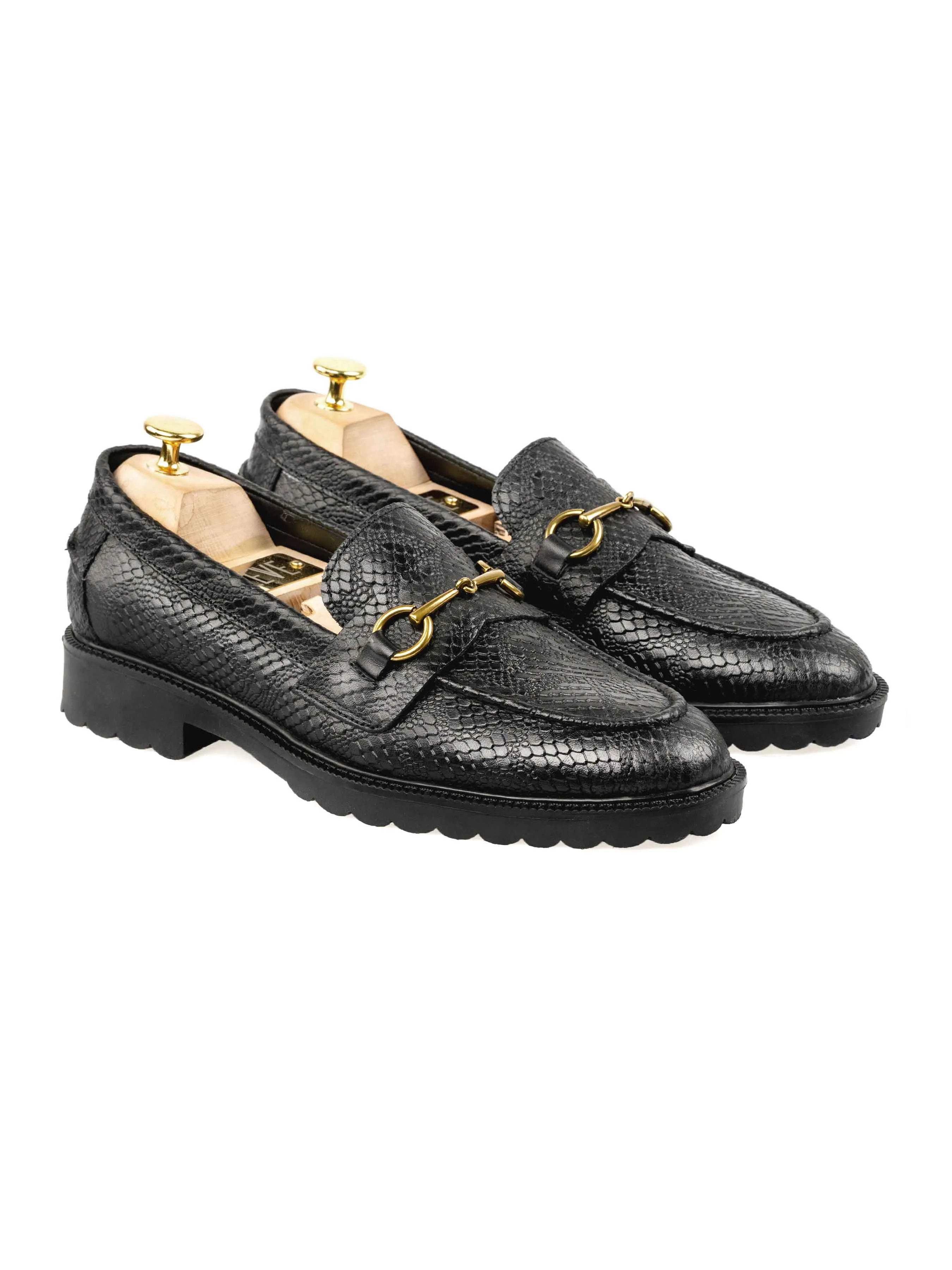 Bold Path Penny Loafer Horsebit Buckle - Black Phyton Leather (Combat Sole)