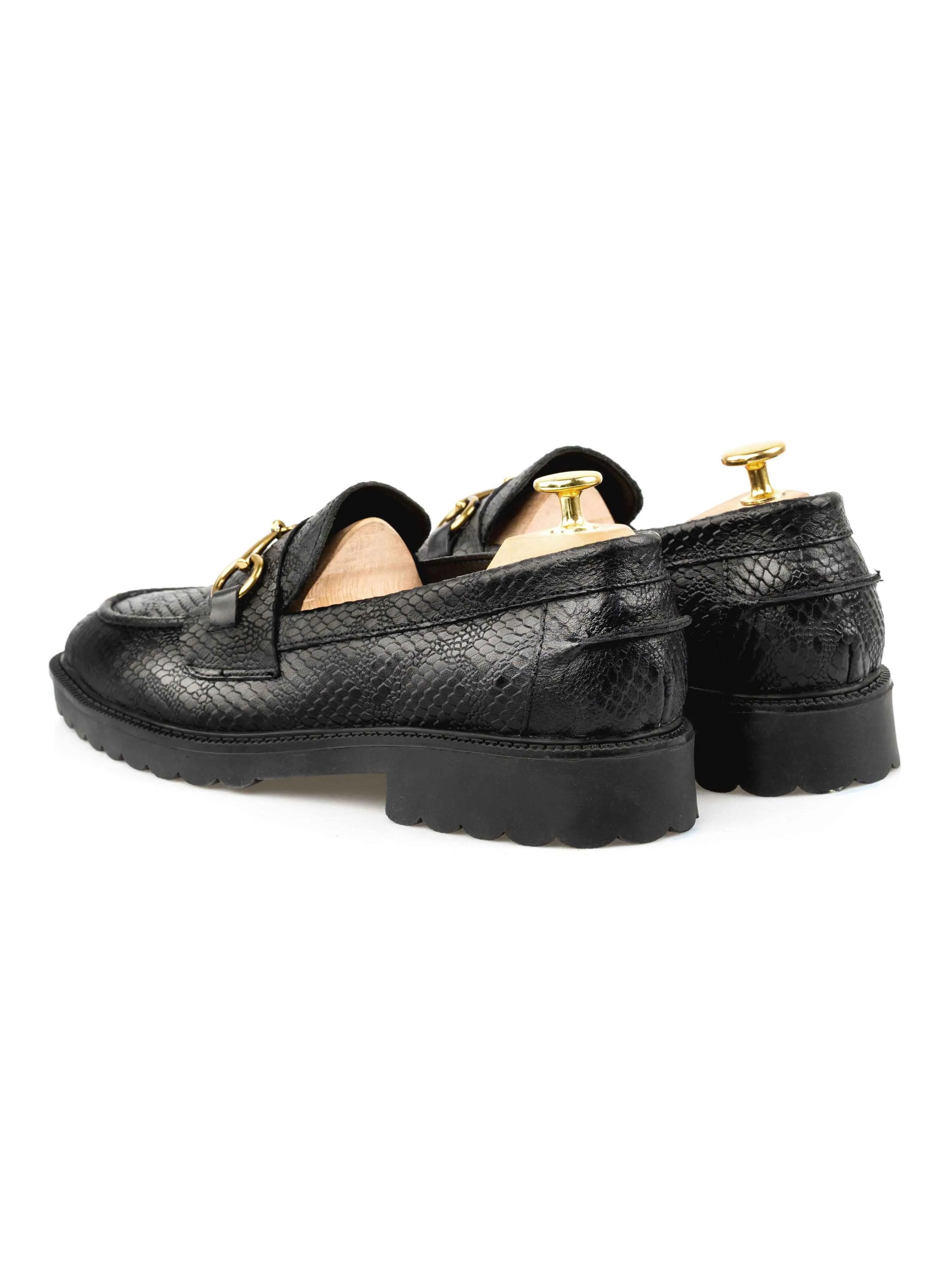 Penny Loafer Horsebit Buckle - Black Phyton Leather (Combat Sole) Easy Slip-On Urban Nights