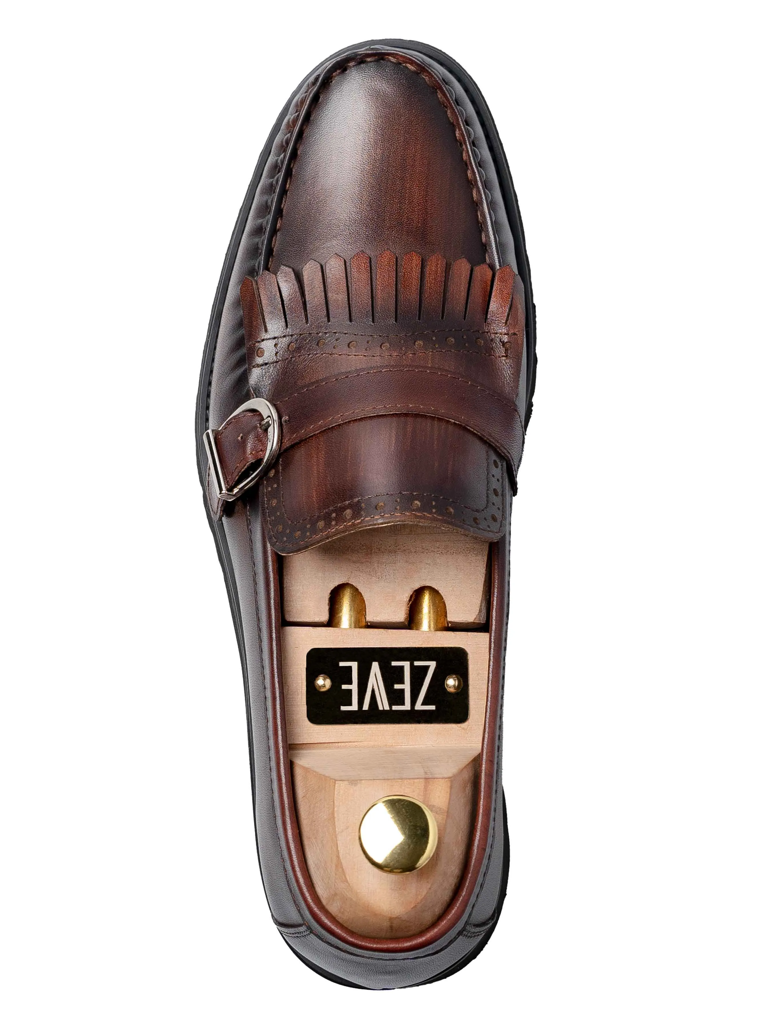 Quick Pace Stylish Everyday Shoes Fringe Buckle Loafer - Brown Hand Painted Patina Leather (Eva Combat)