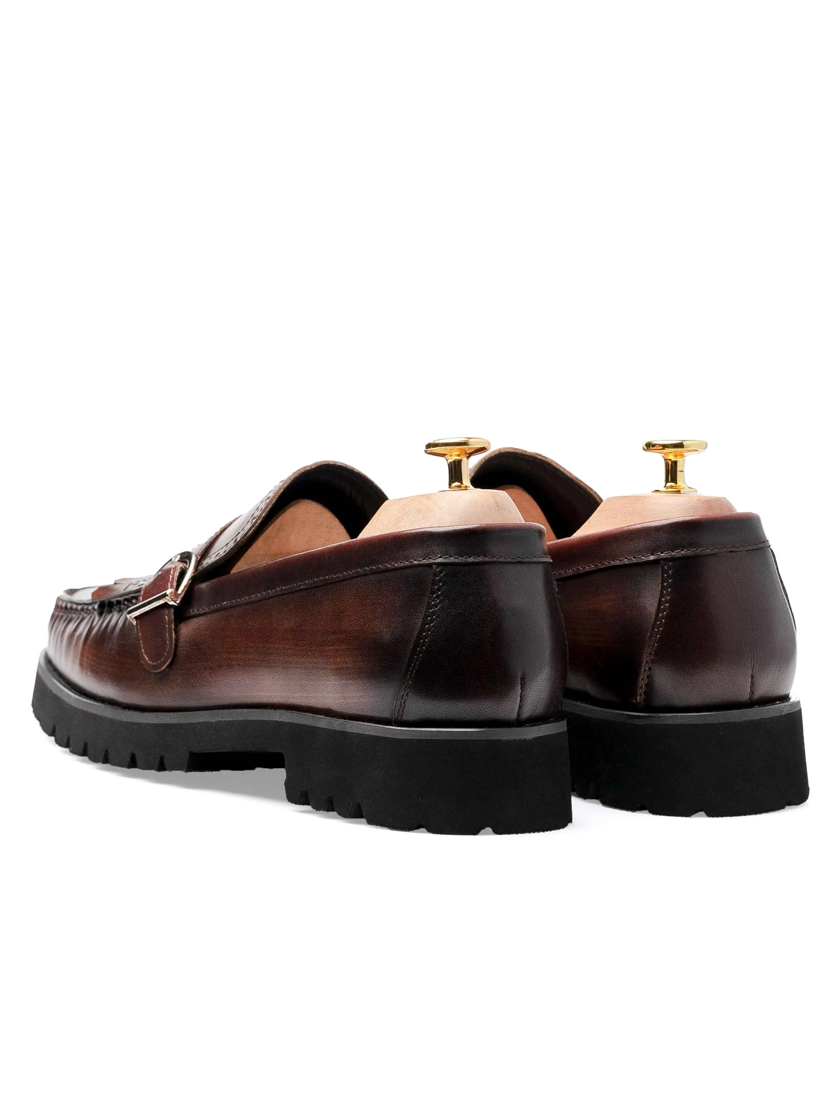 Street Way Fringe Buckle Loafer - Brown Hand Painted Patina Leather (Eva Combat)