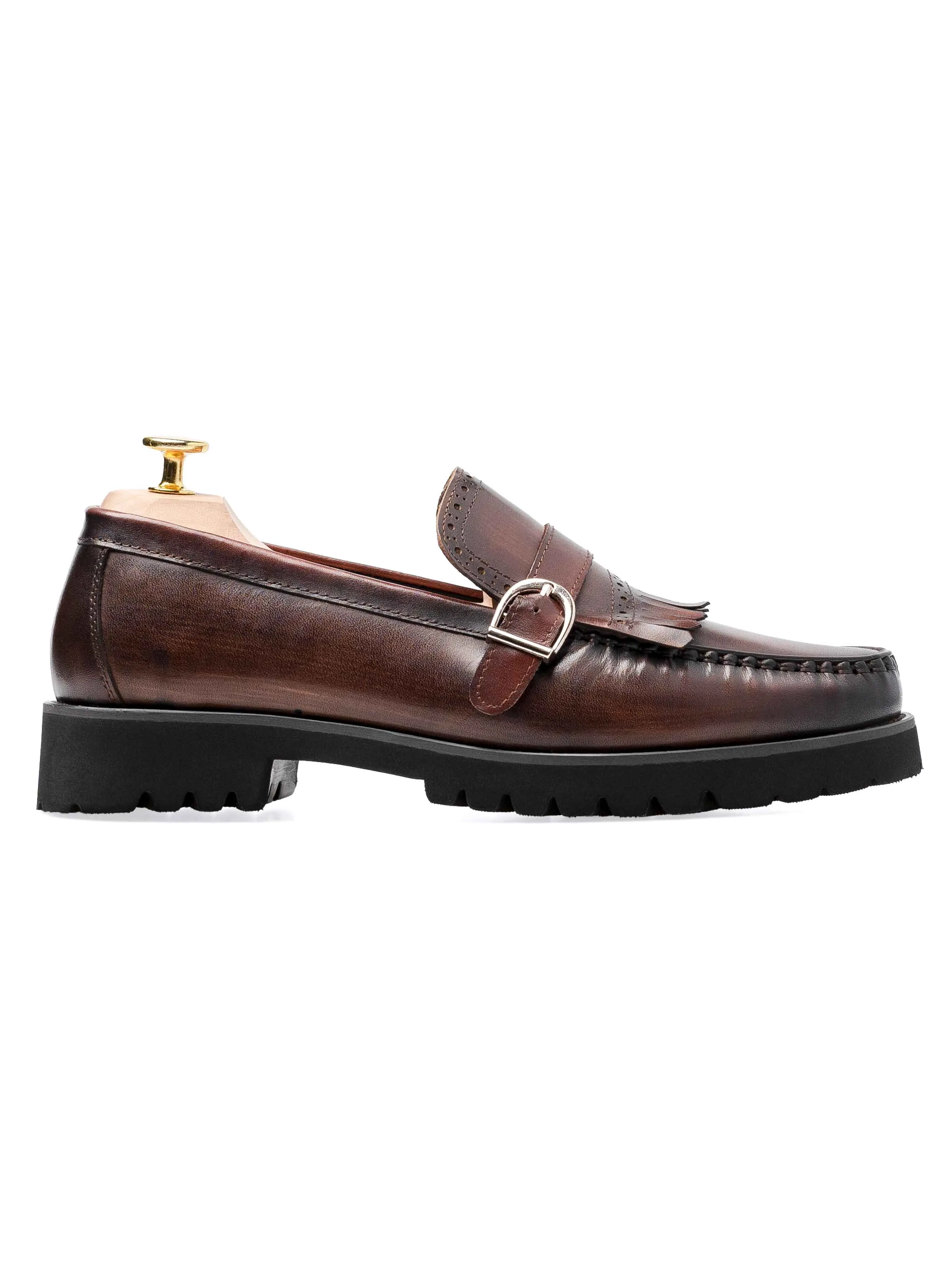 Fringe Buckle Loafer - Brown Hand Painted Patina Leather (Eva Combat) Fashion Trend