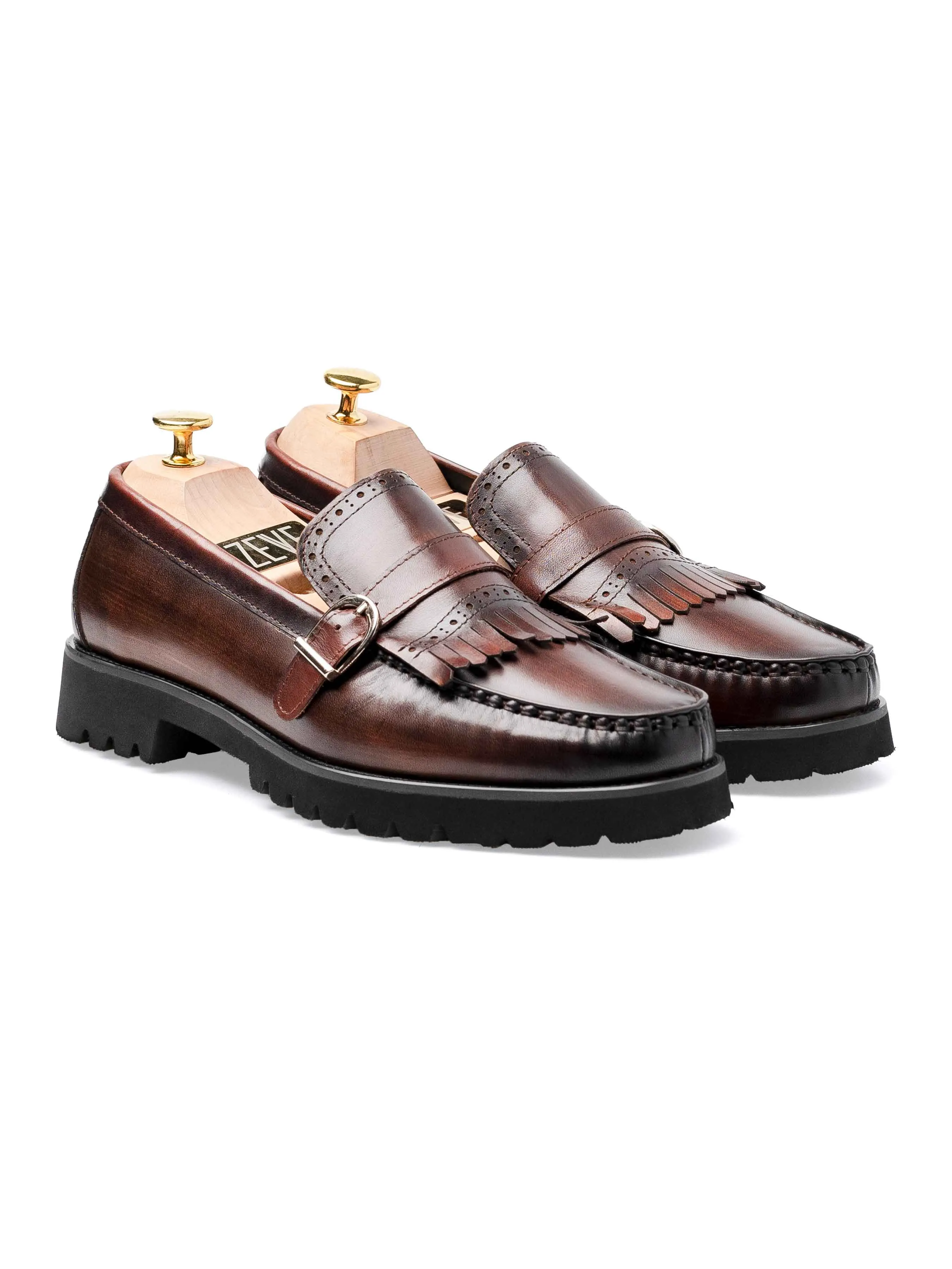 Tokyo Trend Fringe Buckle Loafer - Brown Hand Painted Patina Leather (Eva Combat)