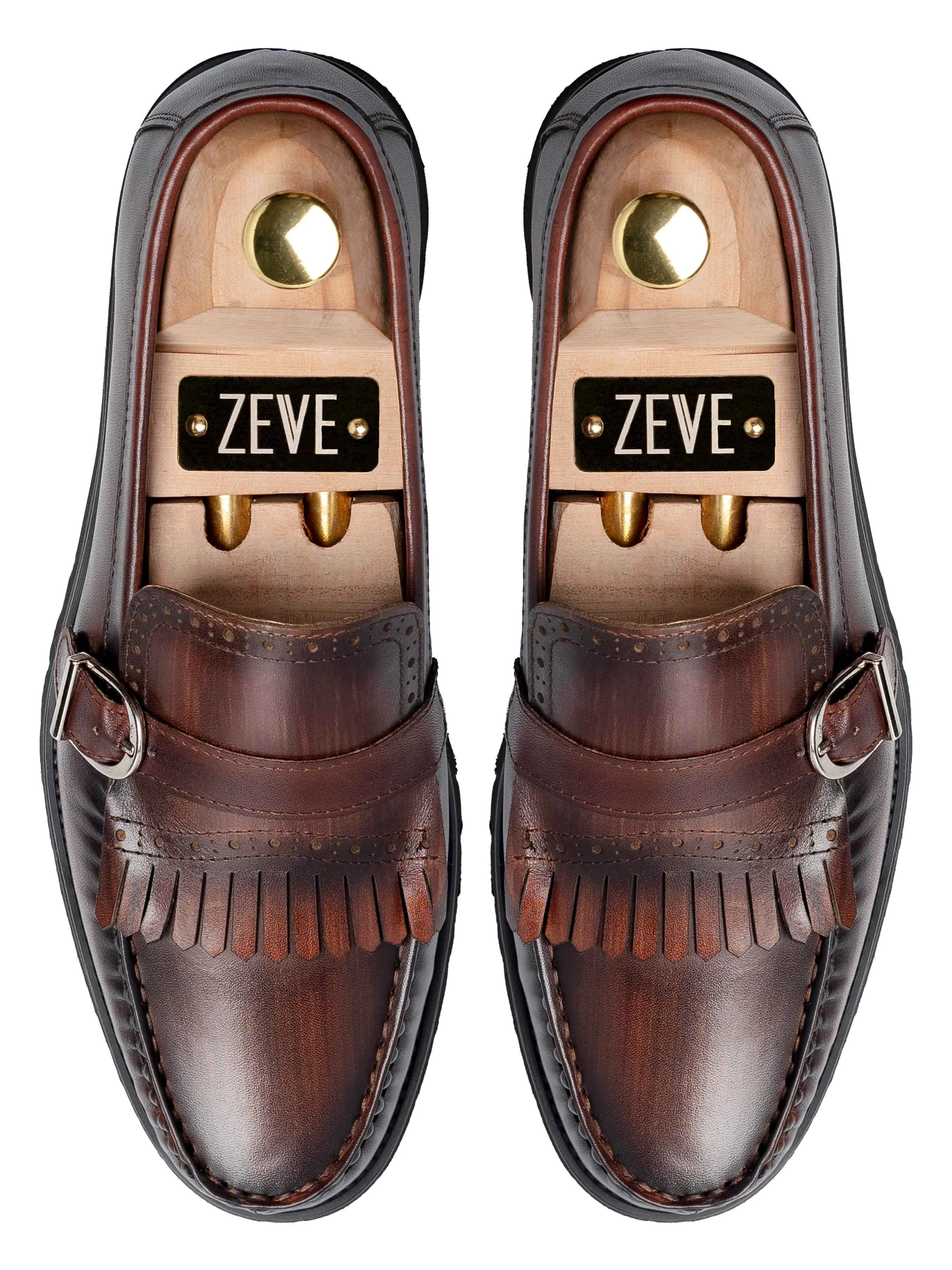 Sophisticated Style British Elegance Fringe Buckle Loafer - Brown Hand Painted Patina Leather (Eva Combat)