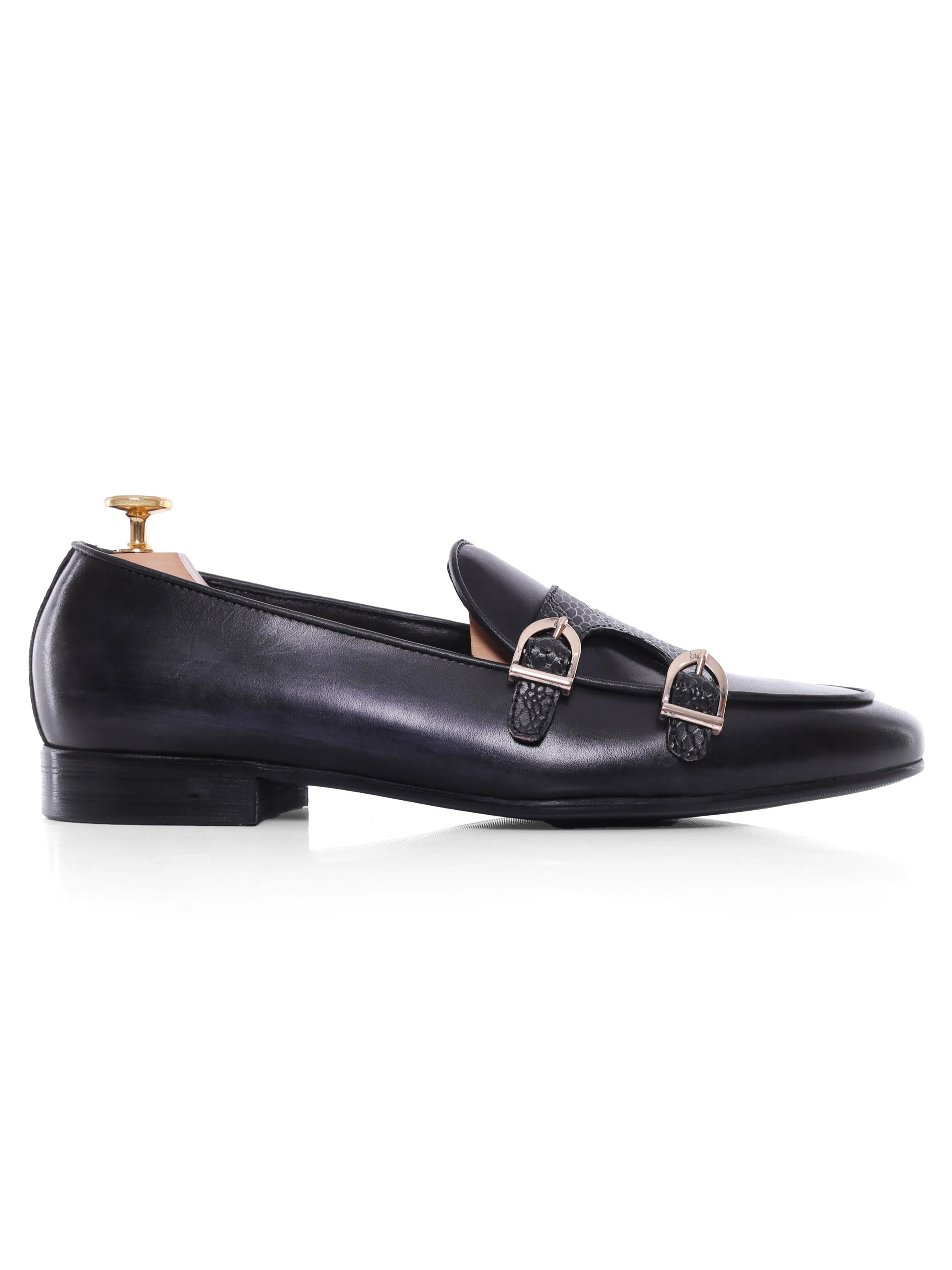 Belgian Loafer - Black Grey Snake Skin Double Monk Strap (Hand Painted Patina) Open Steps Classic