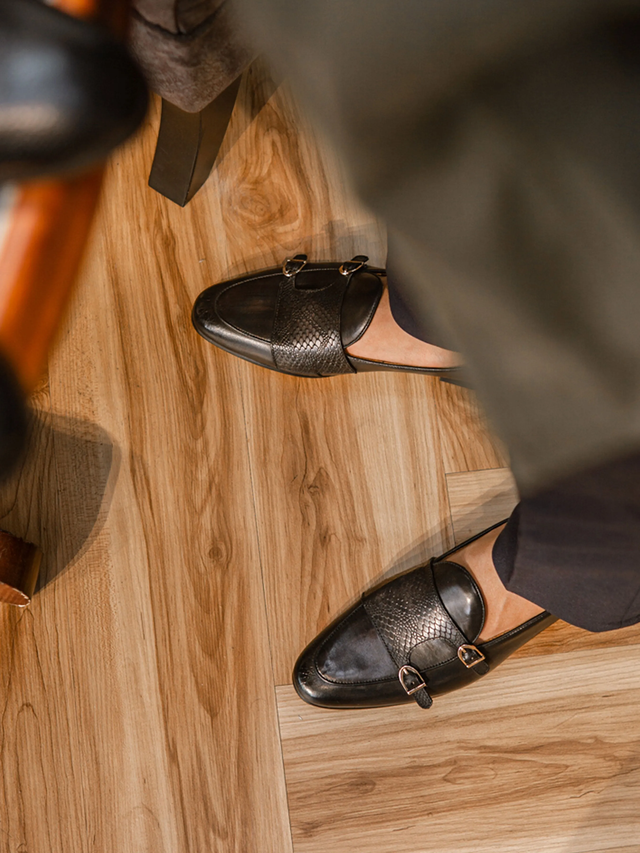 Event View Belgian Loafer - Black Grey Snake Skin Double Monk Strap (Hand Painted Patina)
