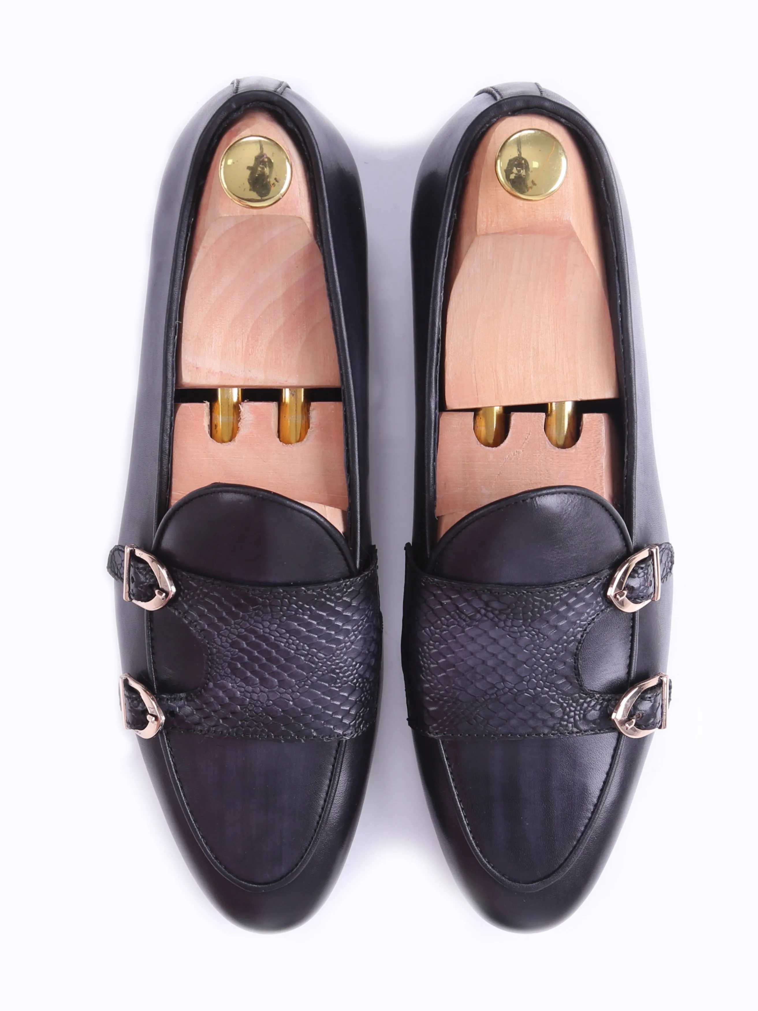 Belgian Loafer - Black Grey Snake Skin Double Monk Strap (Hand Painted Patina) Lawyer Attire