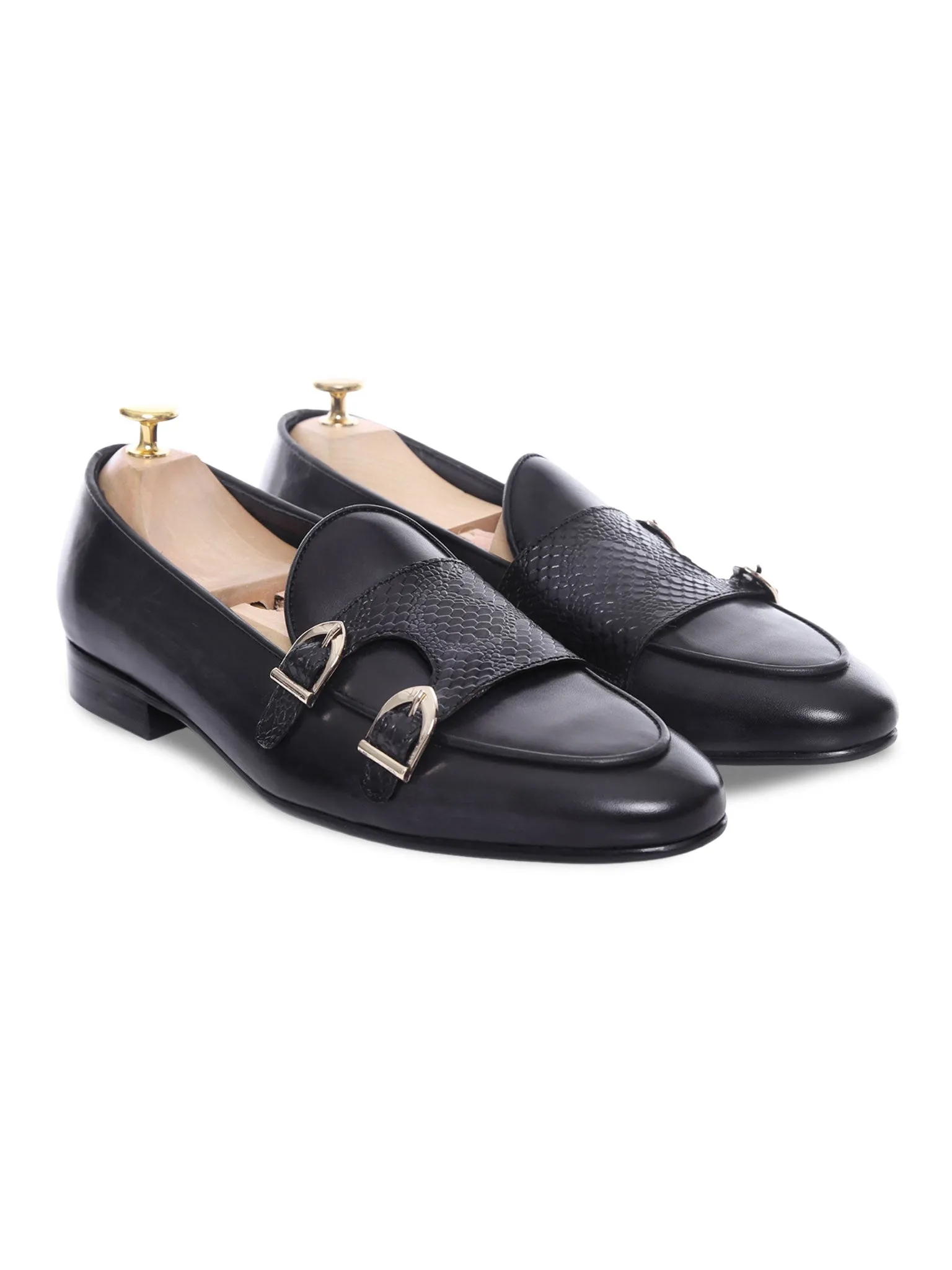 Arch Love Belgian Loafer - Black Grey Snake Skin Double Monk Strap (Hand Painted Patina)
