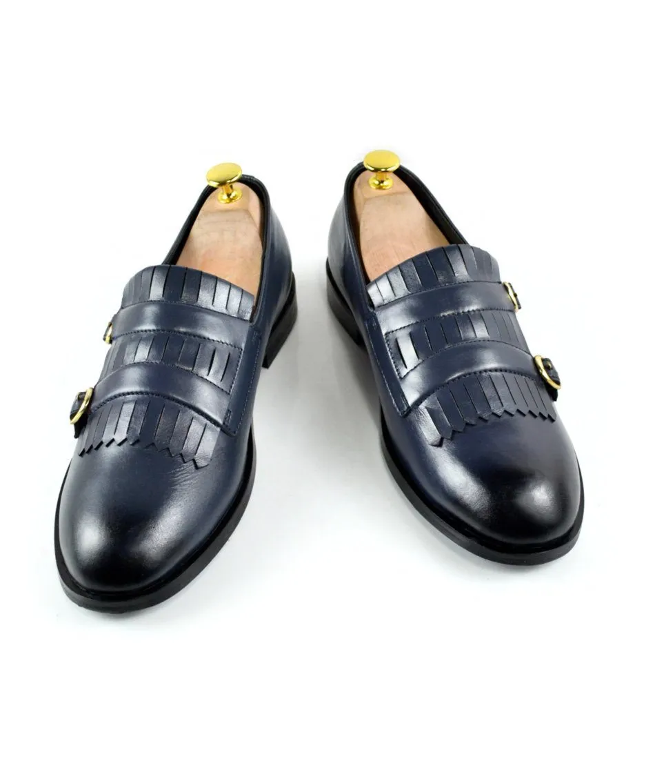 Velcro Closure Taper Tip Blue Double Buckle Loafers