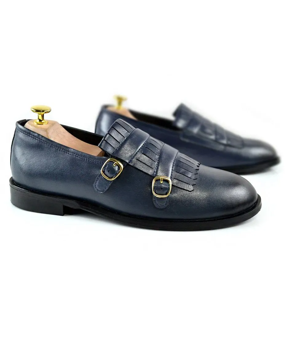 Blue Double Buckle Loafers Gloss Cover Club Shade