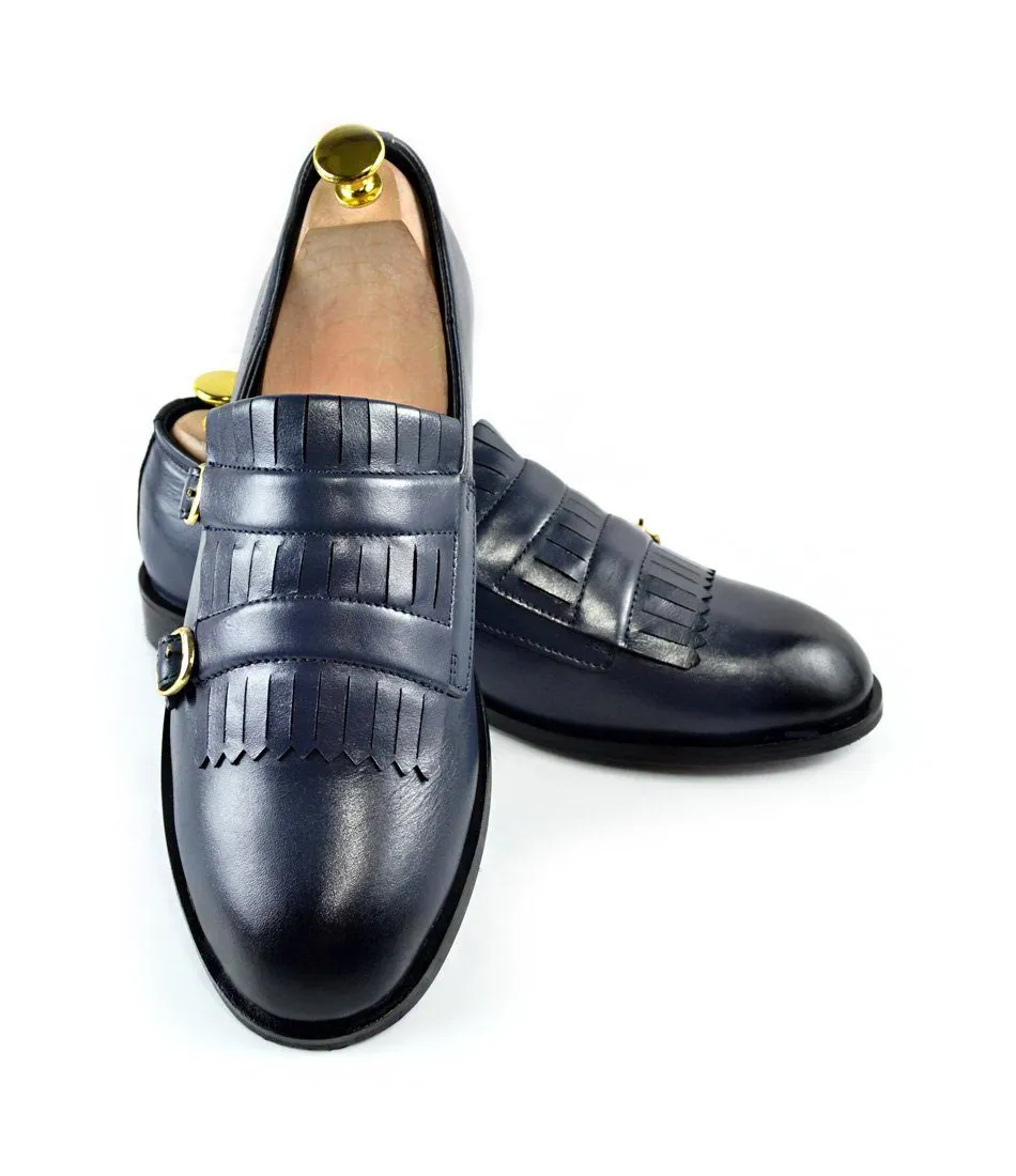 Stretchable Blue Double Buckle Loafers