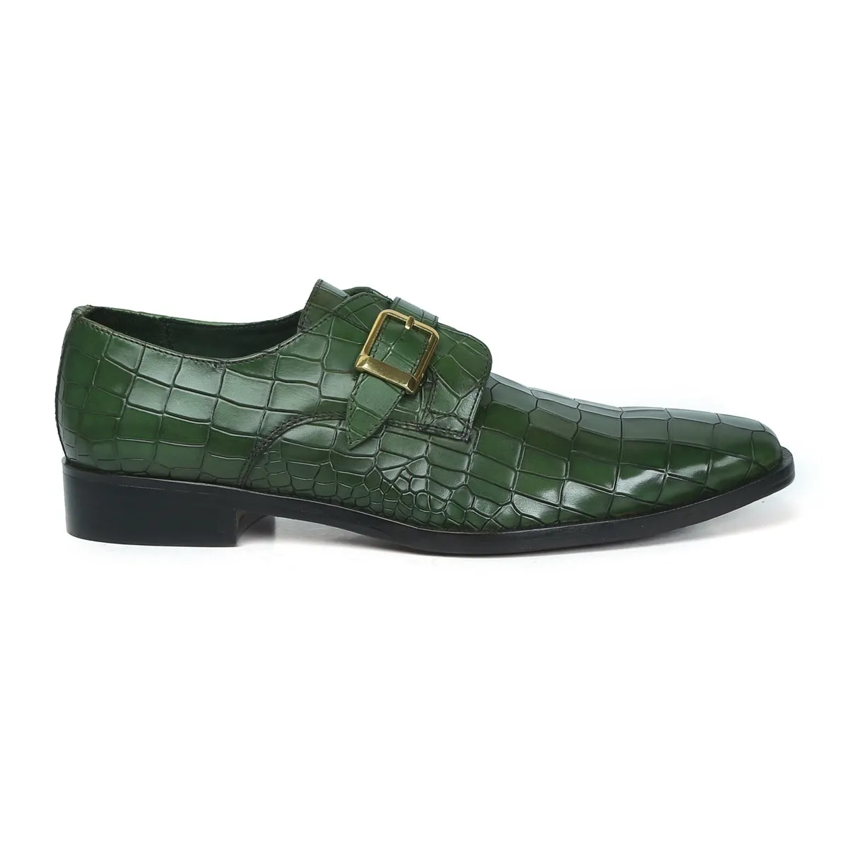 City Executive Green Deep Cut Leather Slant Toe Derby Monk Strap Shoes