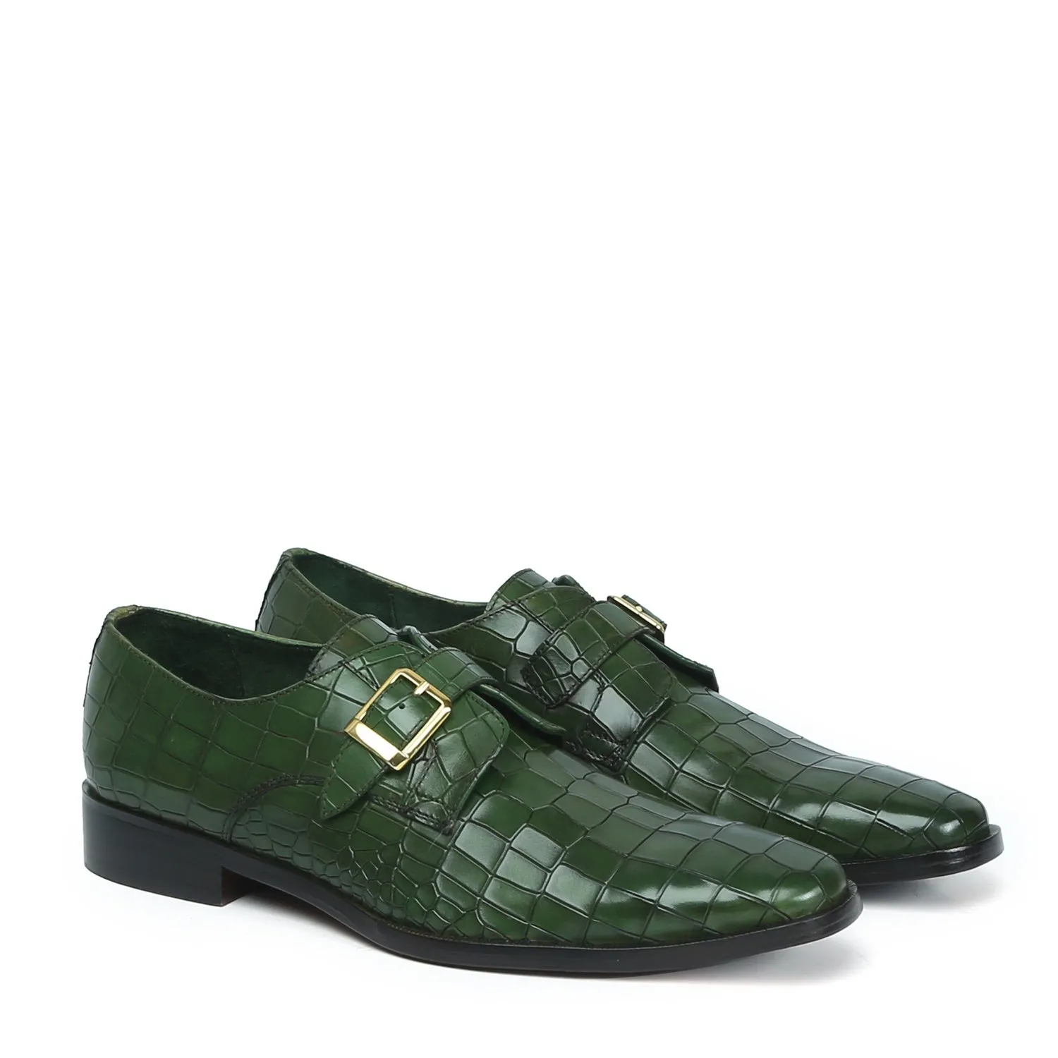Wedding Mode Green Deep Cut Leather Slant Toe Derby Monk Strap Shoes