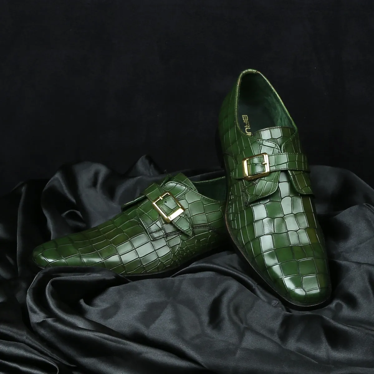 Mid Heel Green Deep Cut Leather Slant Toe Derby Monk Strap Shoes