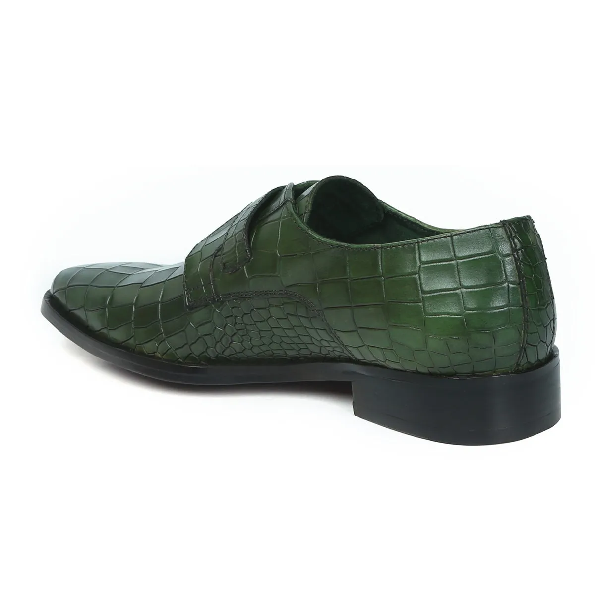 Chisel Cut Green Deep Cut Leather Slant Toe Derby Monk Strap Shoes