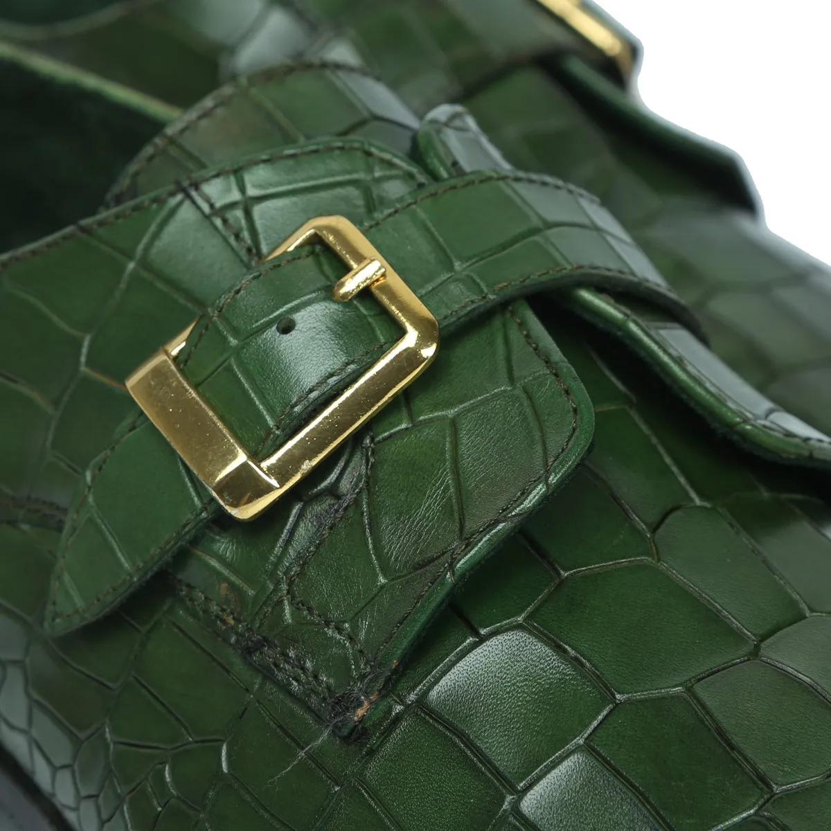 Win Step Green Deep Cut Leather Slant Toe Derby Monk Strap Shoes