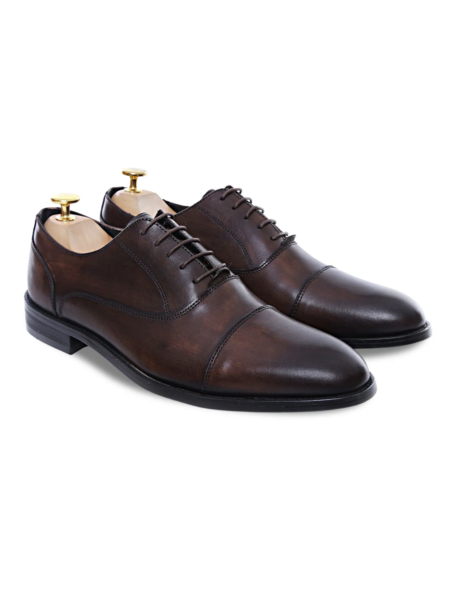 Oxford Cap Toe - Dark Brown Lace Up (Hand Painted Patina) Timeless Walk Trendy Look Shoes