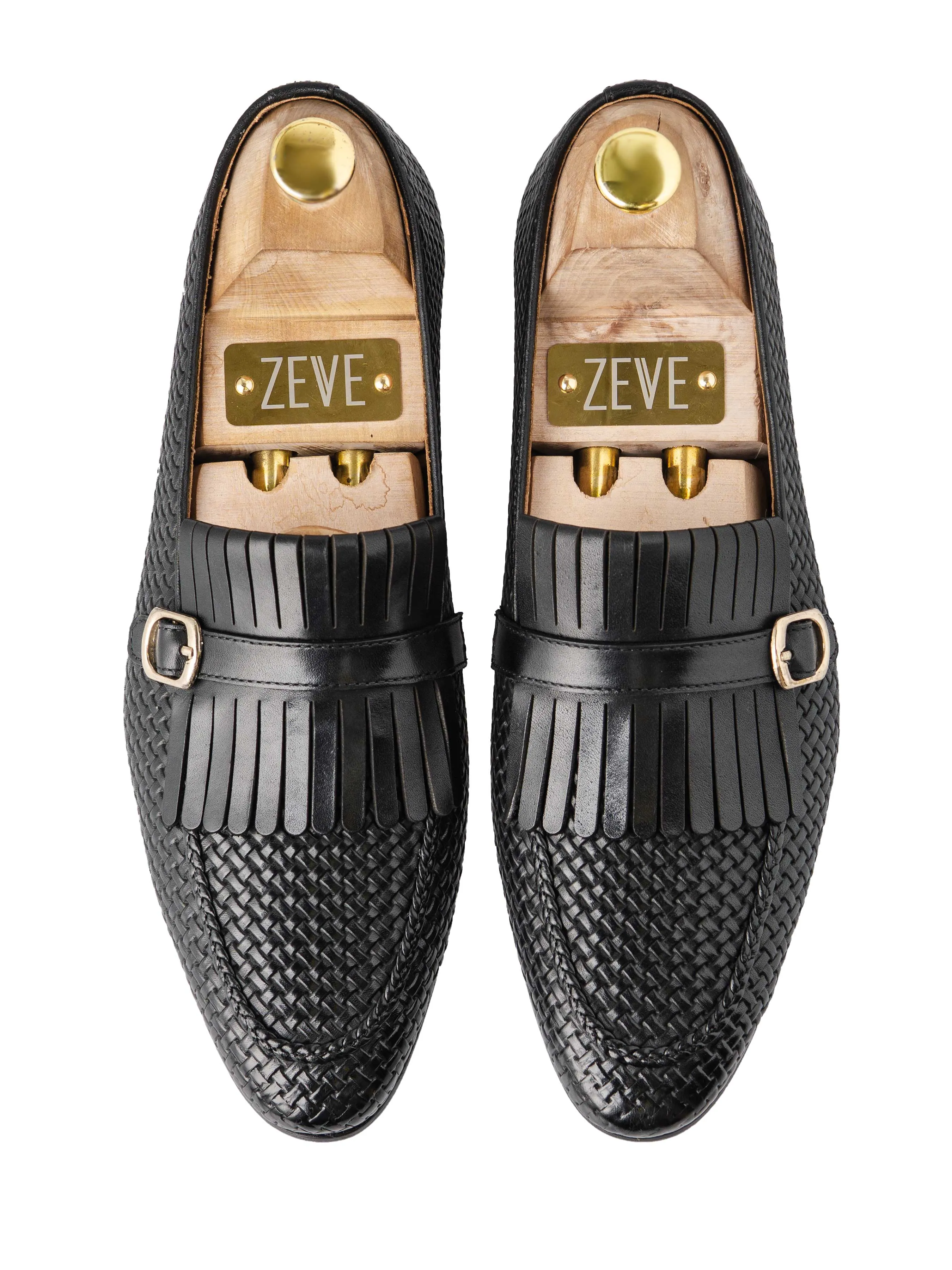 Forest Path Professional Attire Fringe Kiltie Loafer - Black Woven Leather with Side Buckle (Hand Painted Patina)