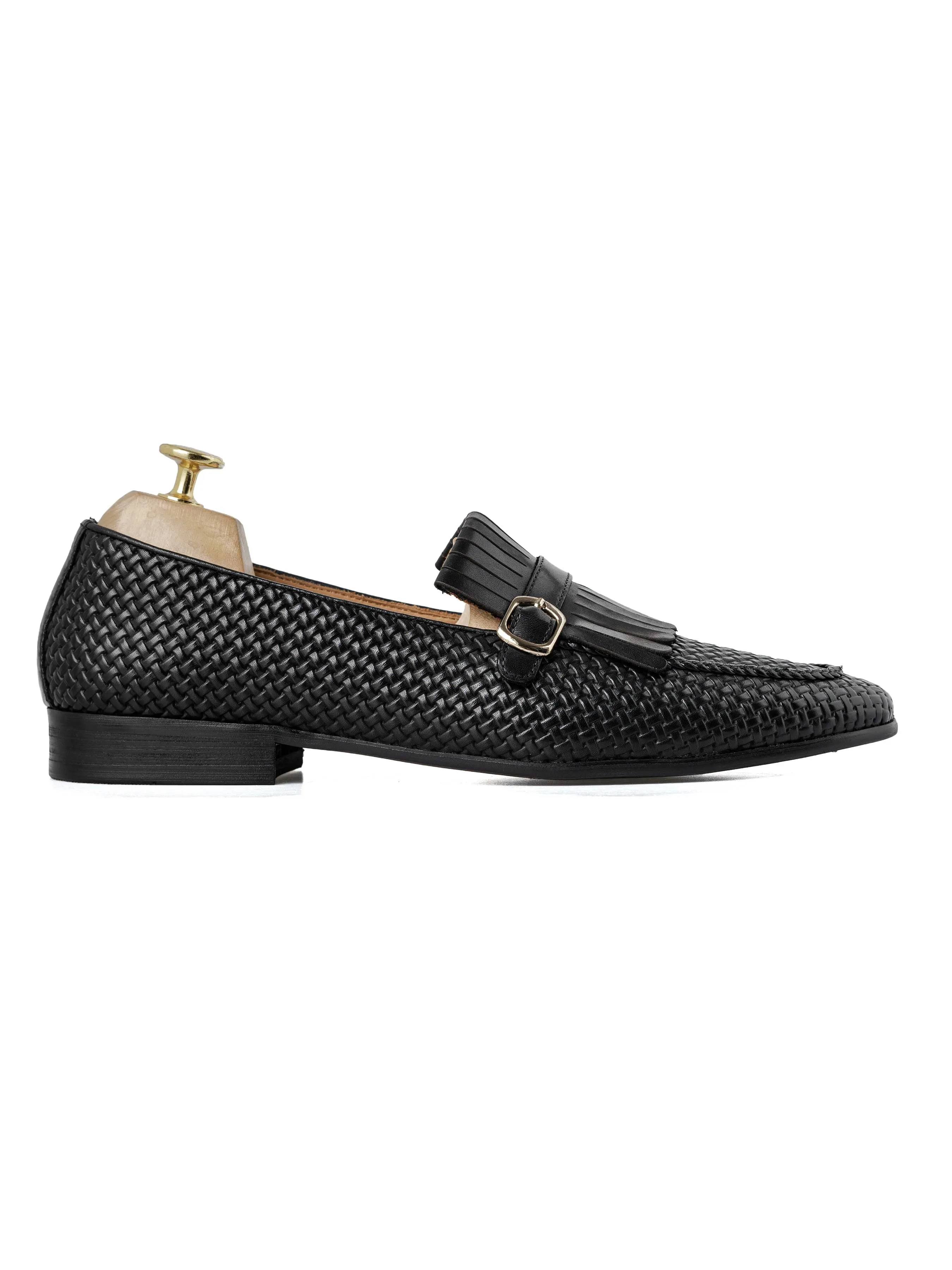 Fringe Kiltie Loafer - Black Woven Leather with Side Buckle (Hand Painted Patina) Casual Wear Slip-ons