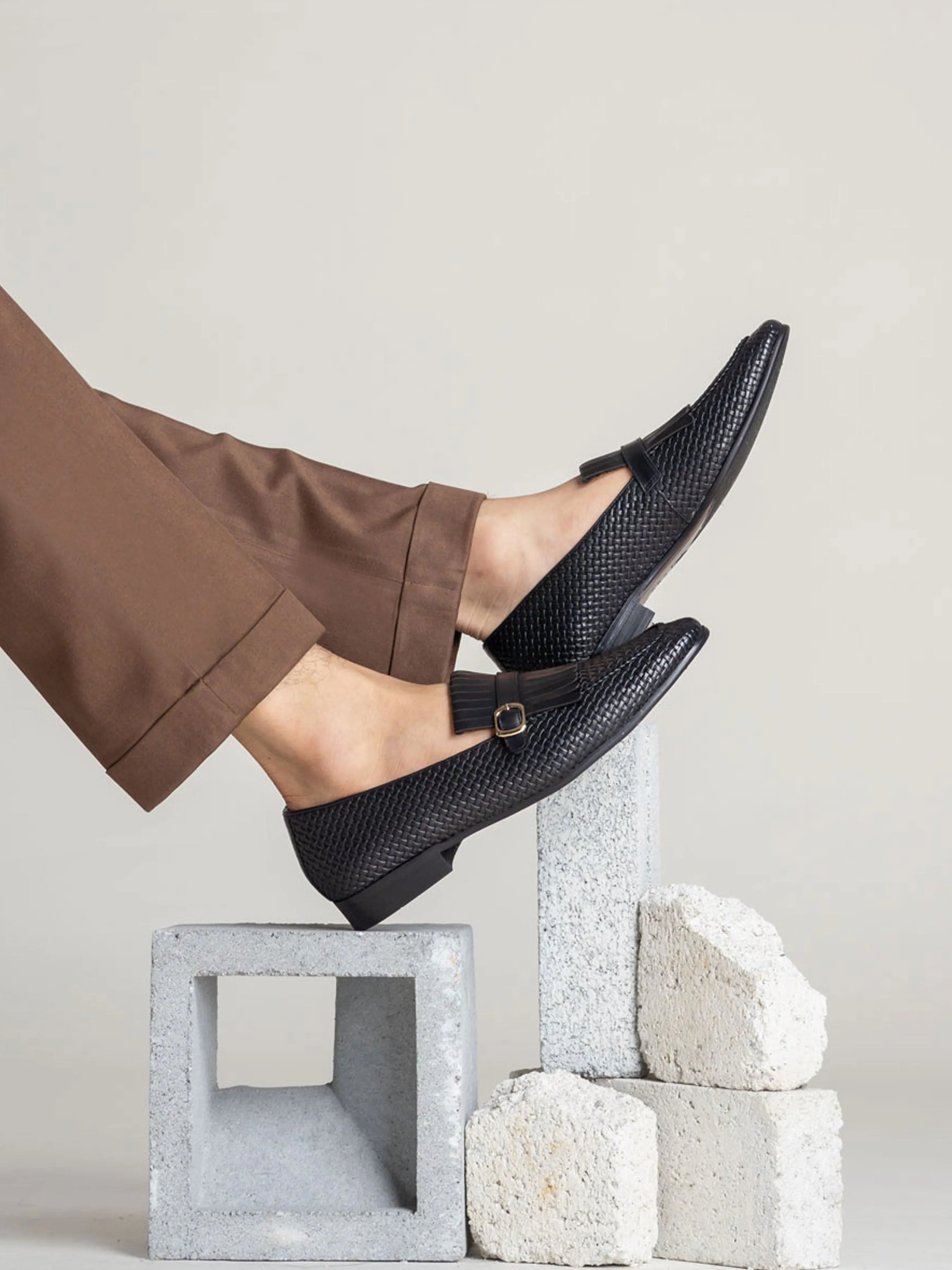 Fringe Kiltie Loafer - Black Woven Leather with Side Buckle (Hand Painted Patina) Event Walk