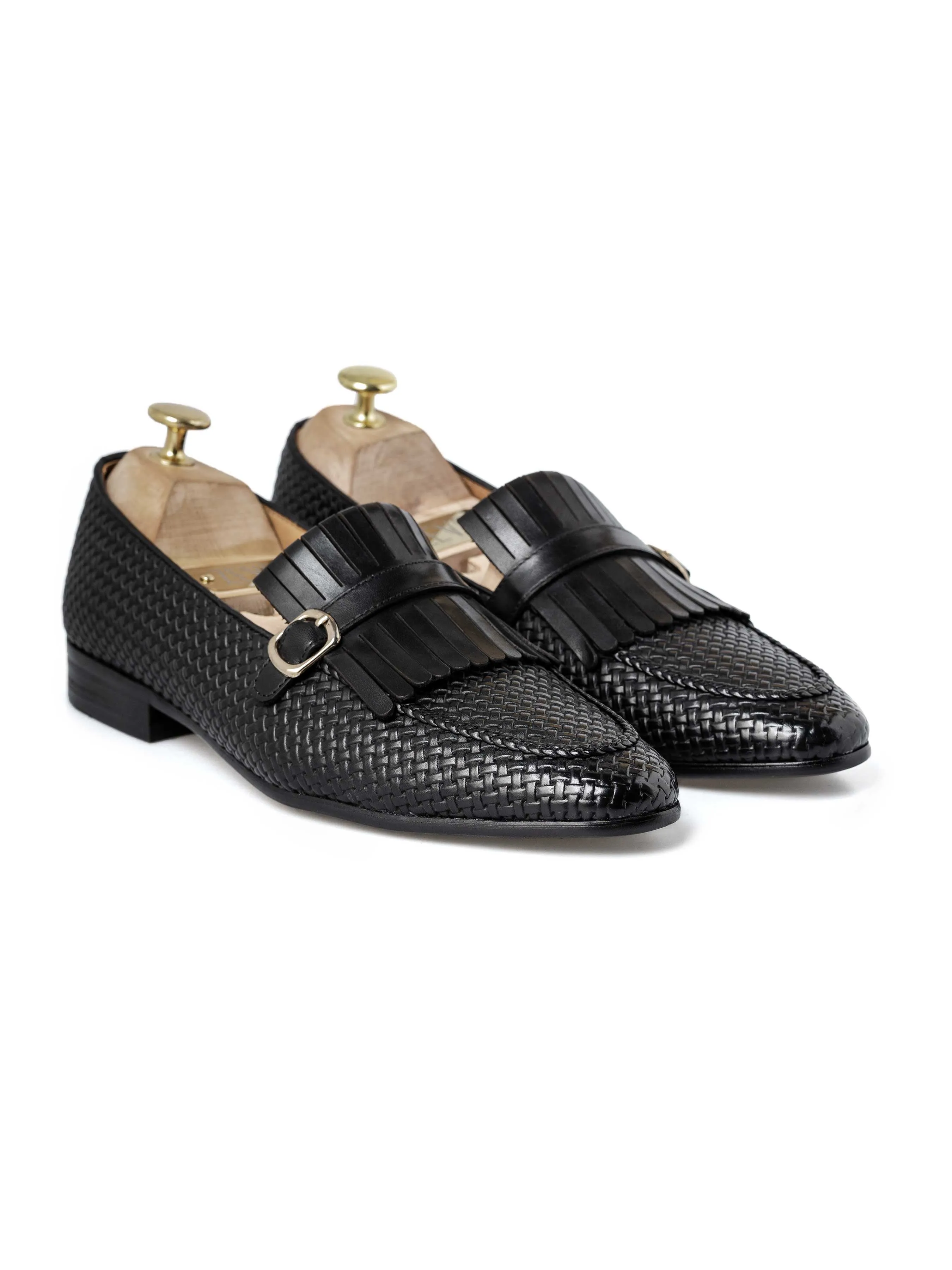 Fringe Kiltie Loafer - Black Woven Leather with Side Buckle (Hand Painted Patina) Breathable mesh Calm Walk