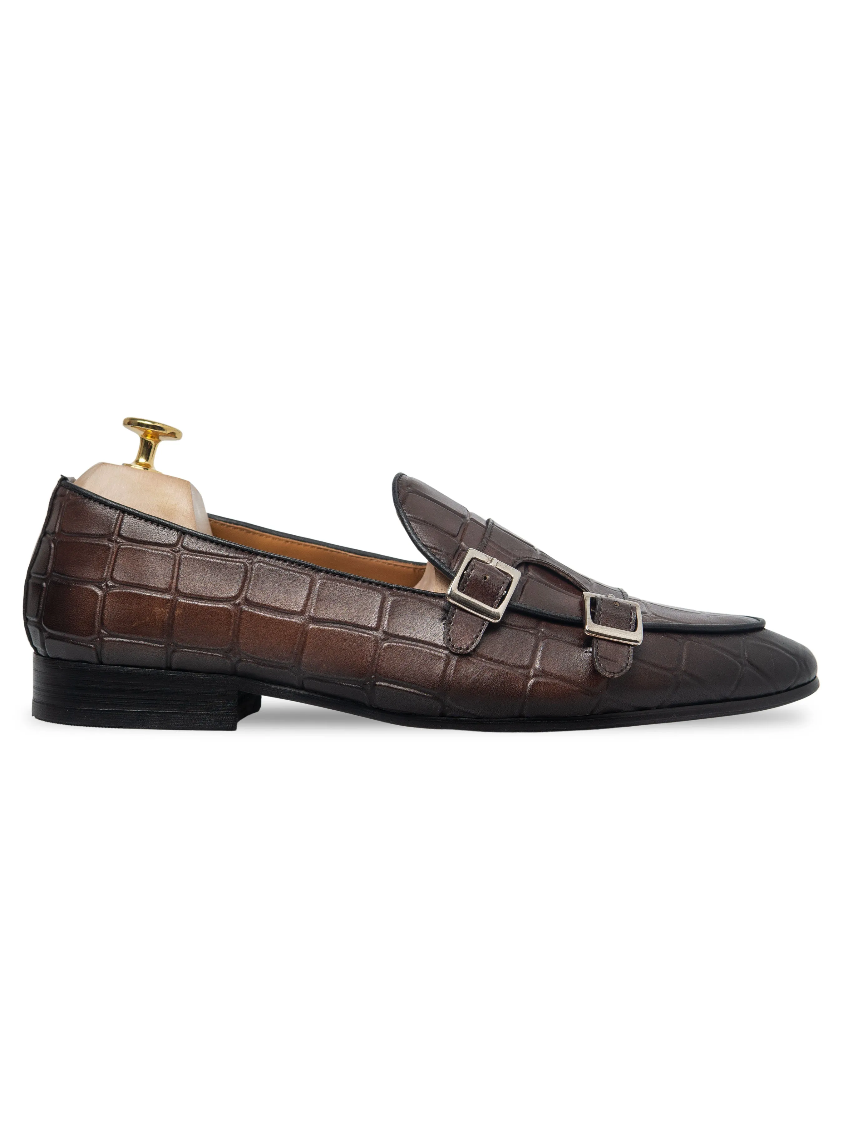Street Roam Belgian Loafer - Dark Brown Croco Double Monk Strap (Hand Painted Patina)