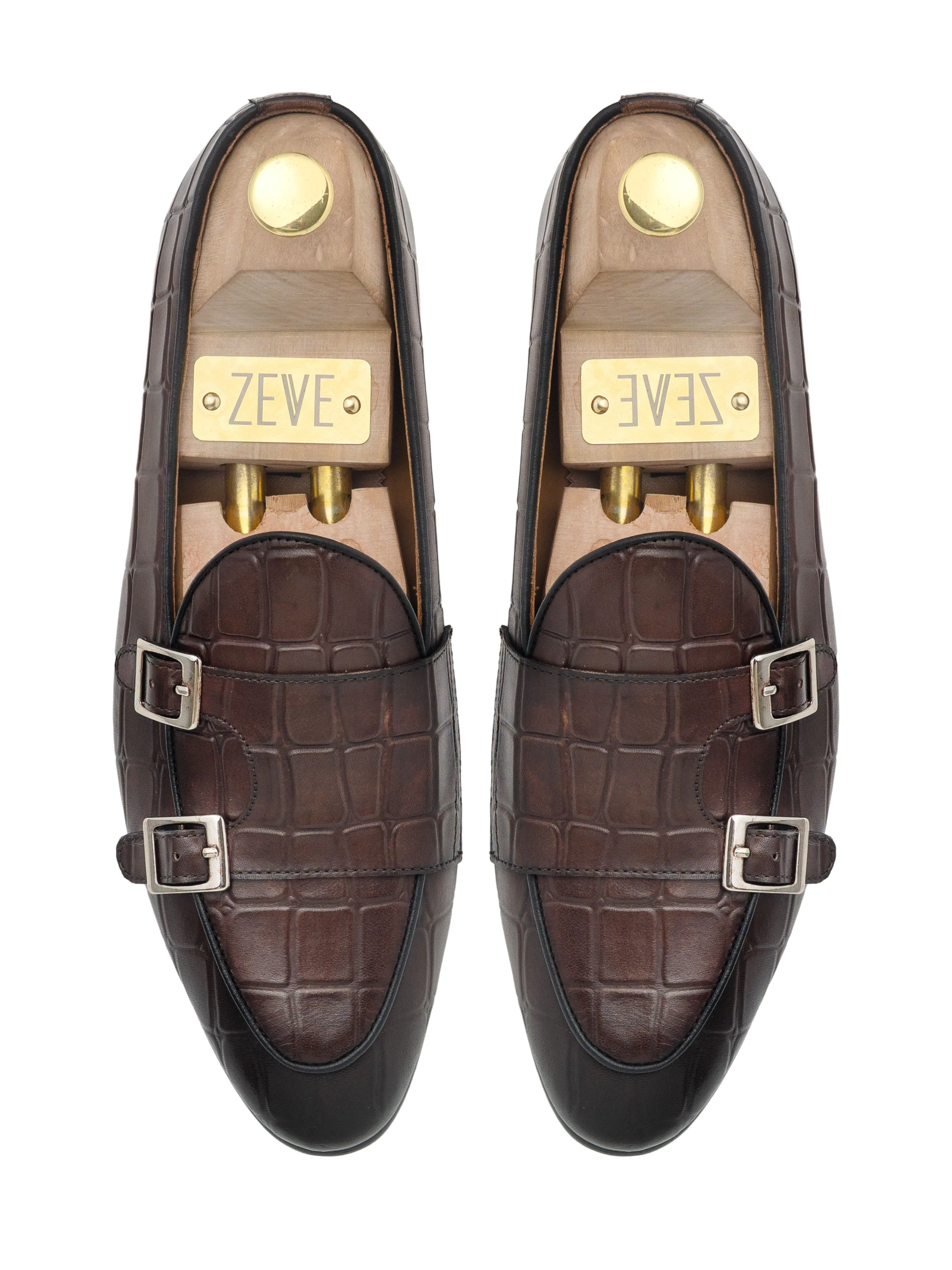 Clear Path Lane Clear Power Belgian Loafer - Dark Brown Croco Double Monk Strap (Hand Painted Patina)