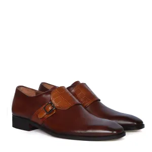 Single Monk Tan Croco Print Leather Buckled Strap Men's Brown Formal Shoes By Brune & Bareskin Stain Proof