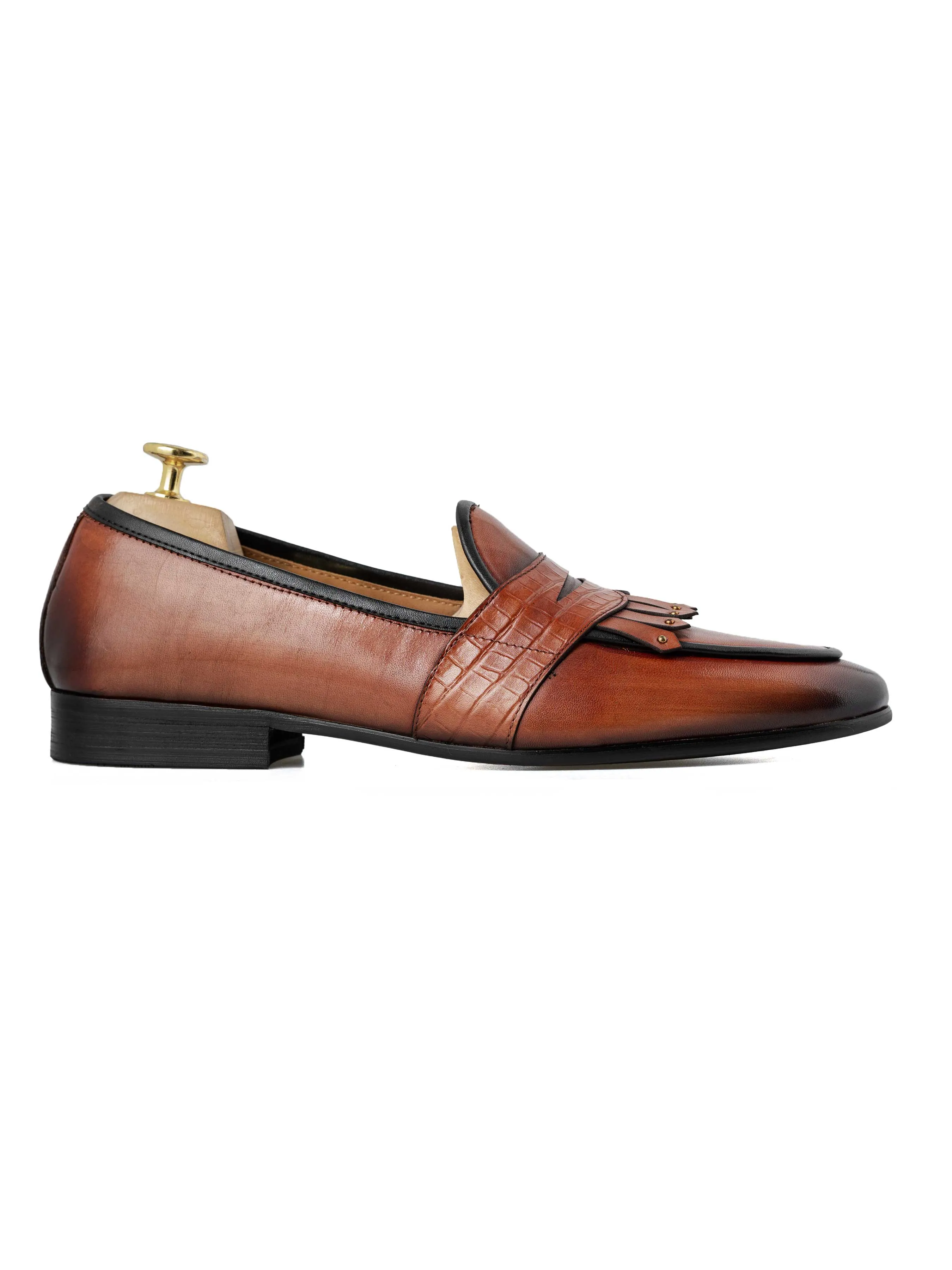 Belgian Loafer - Cognac Tan Phyton Penny Strap with Studded Fringe (Hand Painted Patina) slip-resistant Grippy Outsole