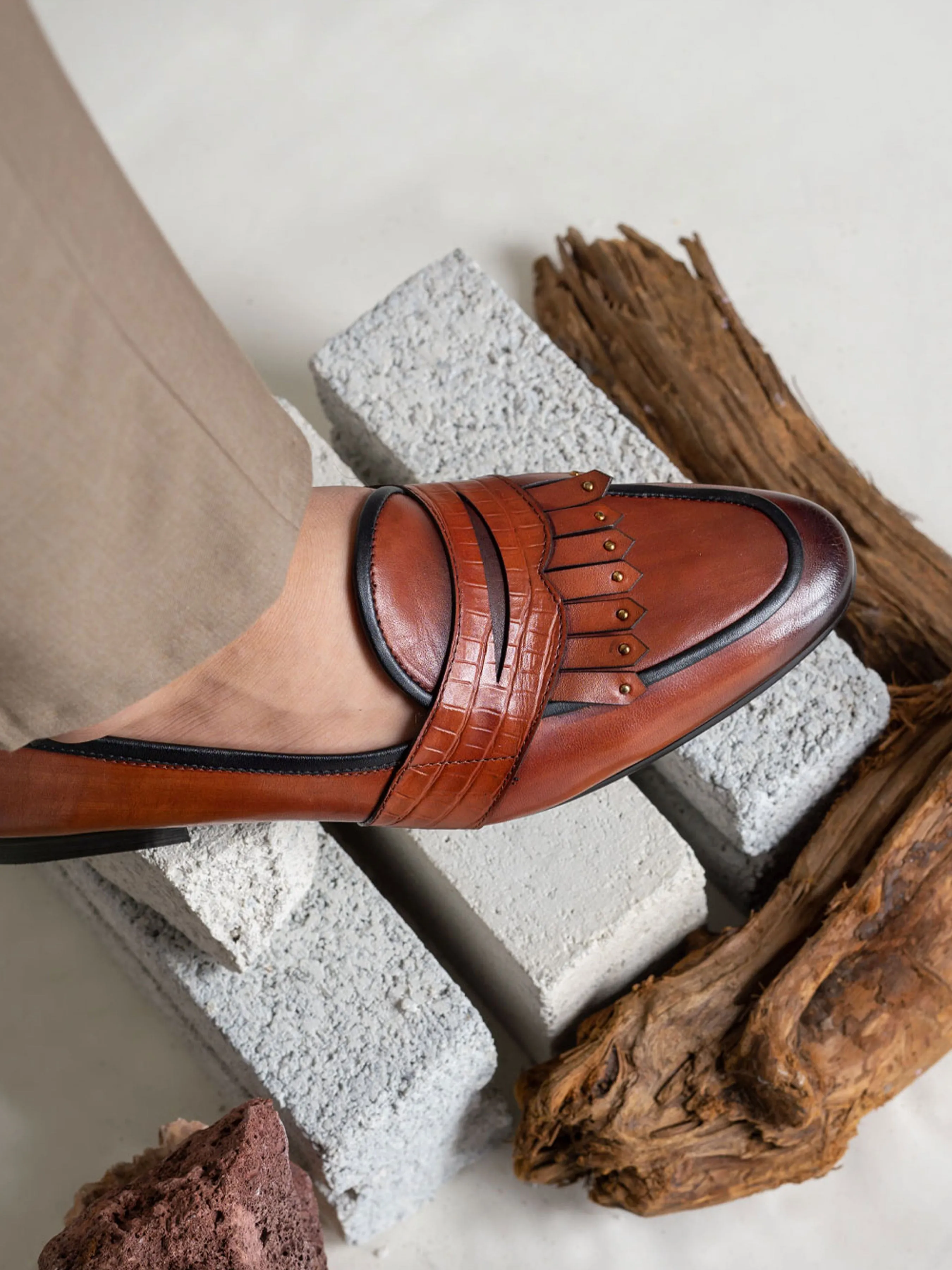 Wood Path Toe Strong Belgian Loafer - Cognac Tan Phyton Penny Strap with Studded Fringe (Hand Painted Patina)