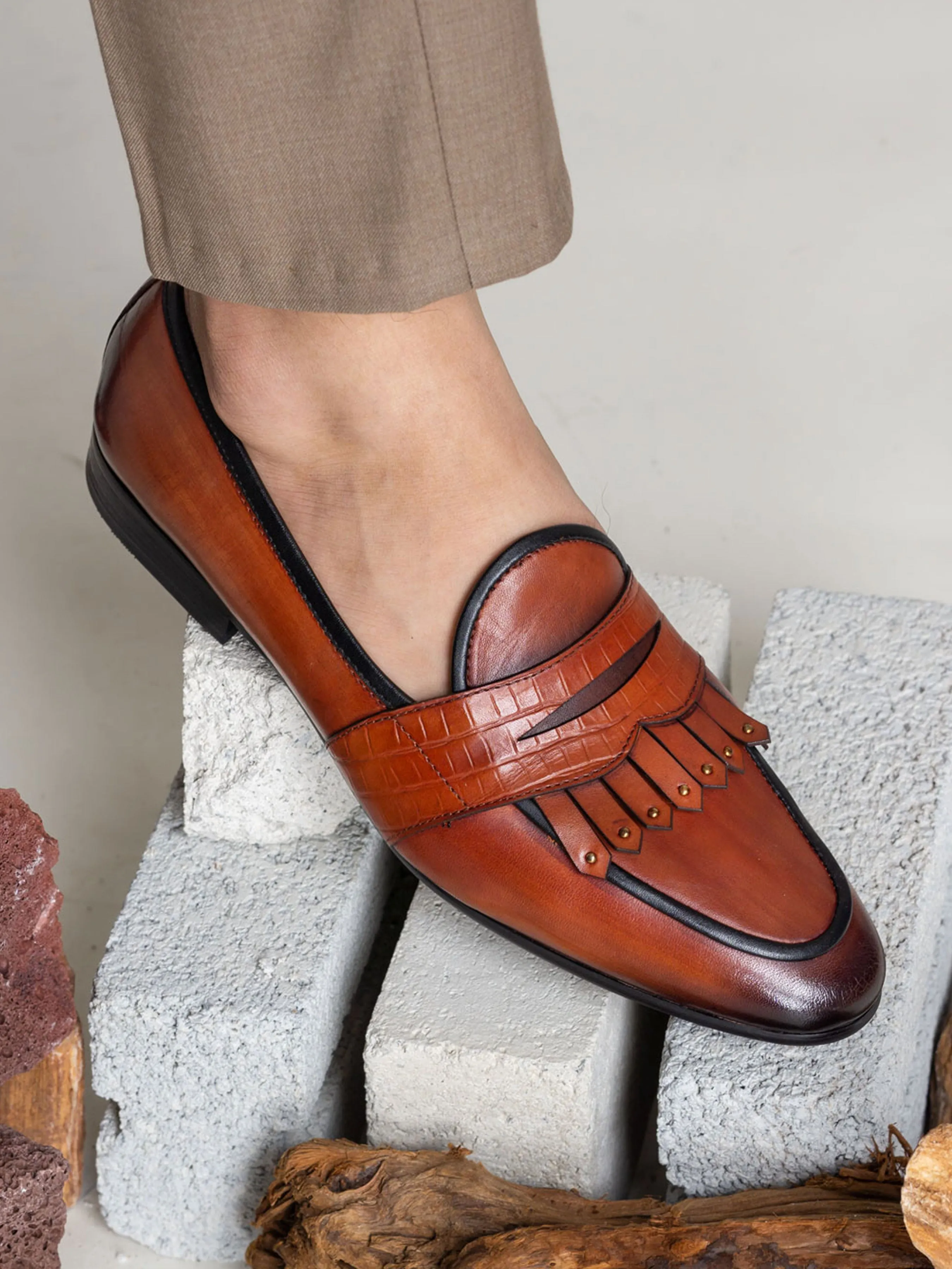 All-day Slip-ons Cool Sprint Belgian Loafer - Cognac Tan Phyton Penny Strap with Studded Fringe (Hand Painted Patina)
