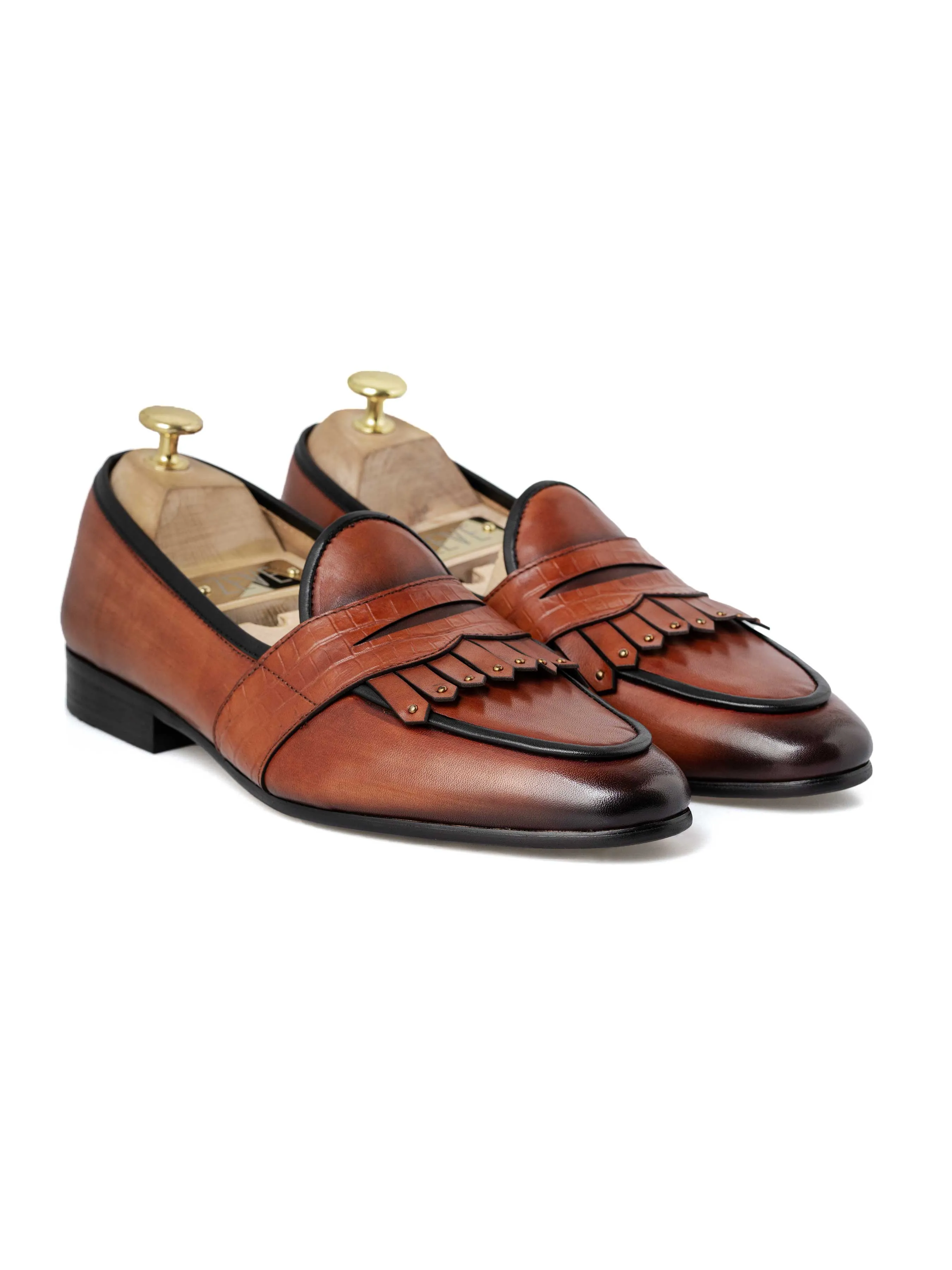 Green Path Hold Clear Belgian Loafer - Cognac Tan Phyton Penny Strap with Studded Fringe (Hand Painted Patina)