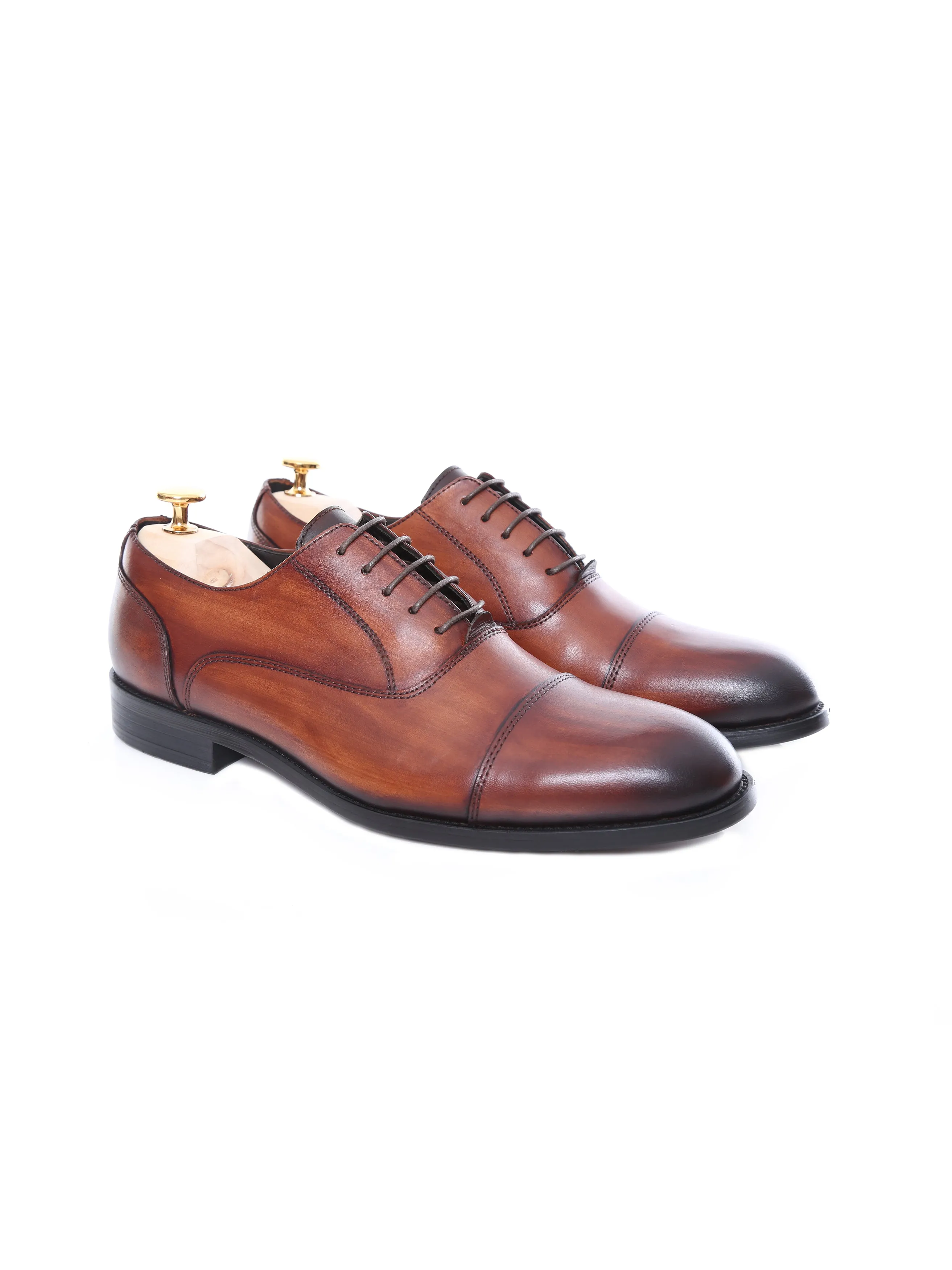 Oxford Cap Toe - Cognac Tan Lace Up (Hand Painted Patina) Modern Classic Solid Look