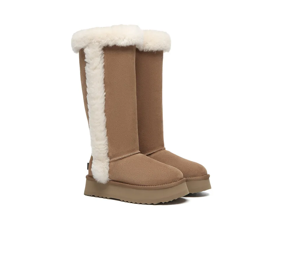 UGG EVERAU? UGG Boots Women Sheepskin Wool Shearling Lined Tall Platform Kazzi Snowy Outdoor