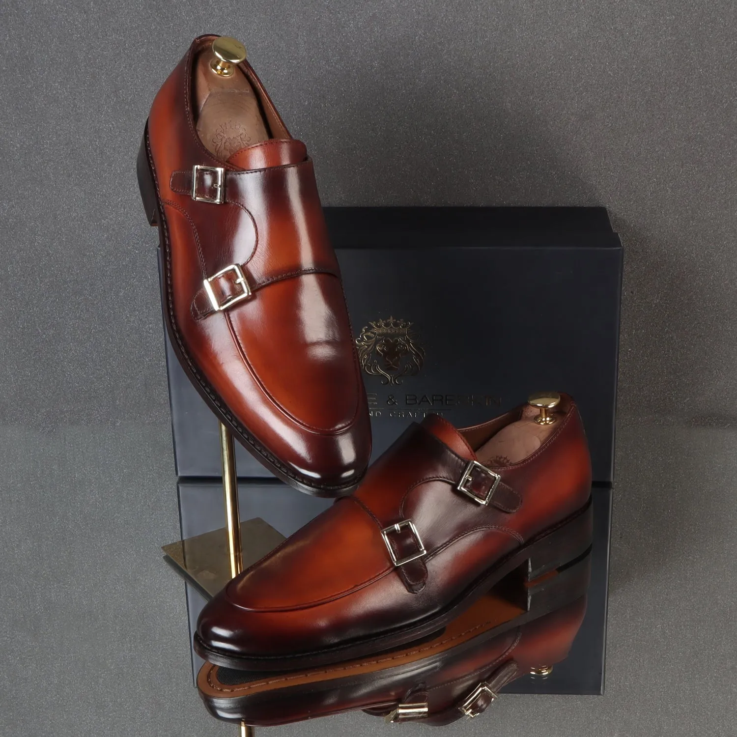 Dual Tone Double Monk Tan Genuine Leather Slip-On Shoes With Leather Sole By Brune & Bareskin Comfortable Footbed
