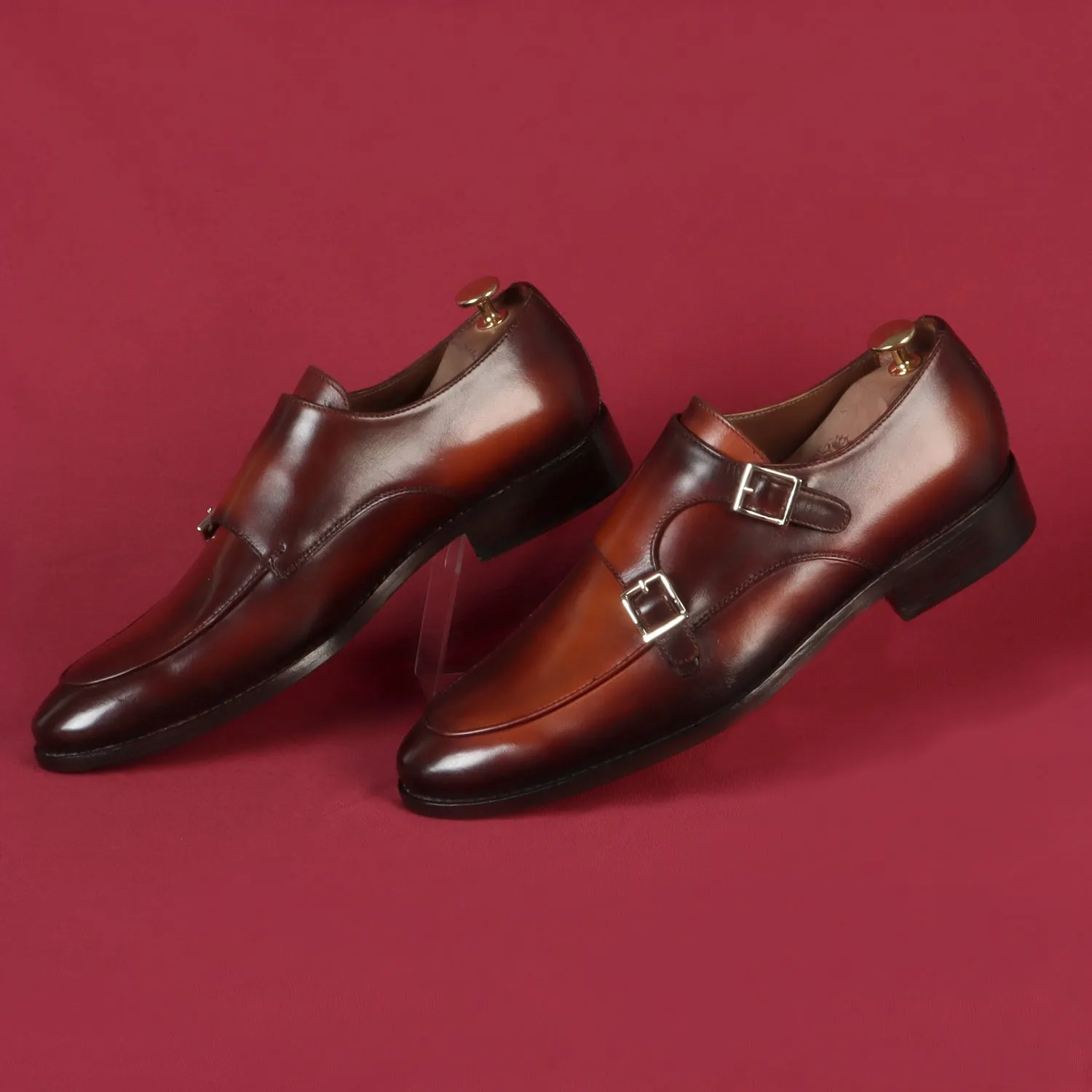 Dual Tone Double Monk Tan Genuine Leather Slip-On Shoes With Leather Sole By Brune & Bareskin Soft Glide