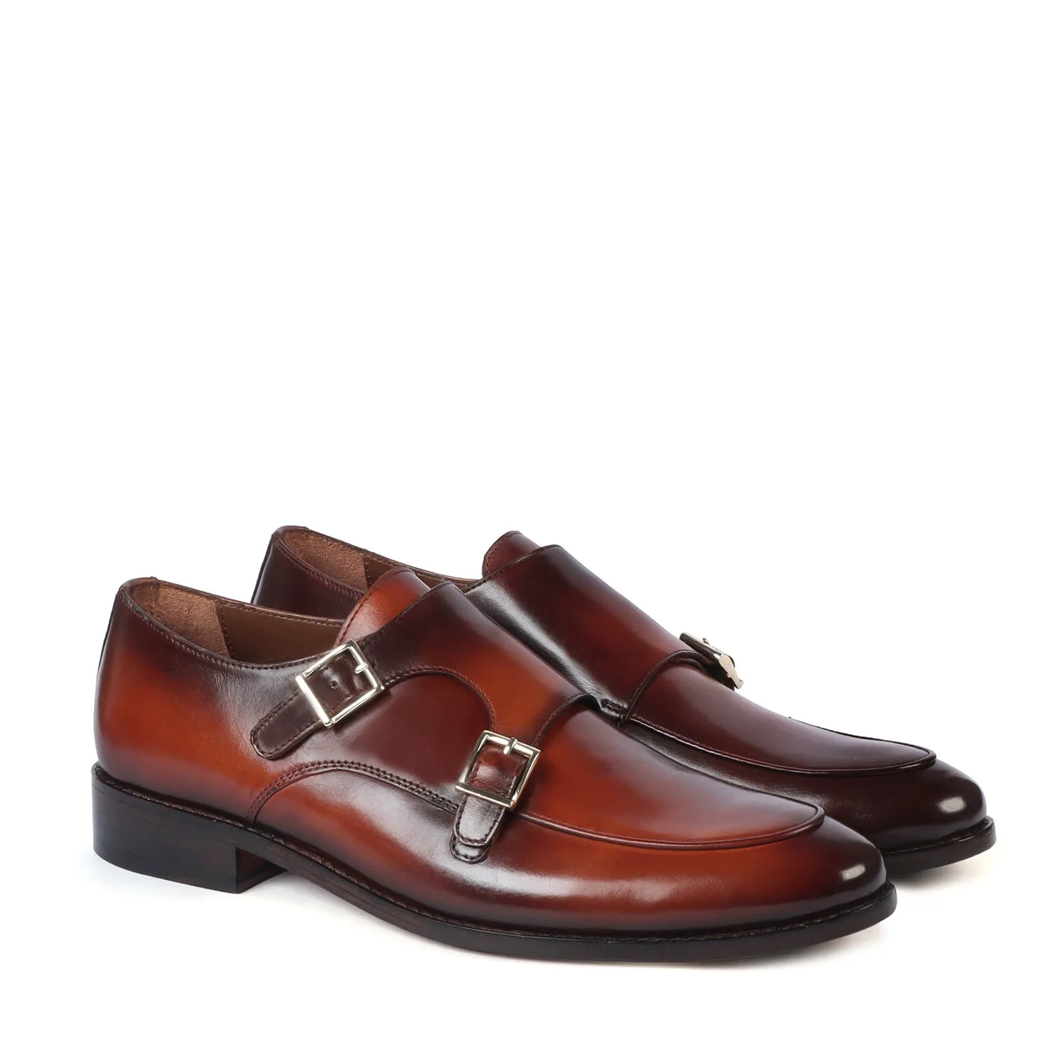 Four Season Dual Tone Double Monk Tan Genuine Leather Slip-On Shoes With Leather Sole By Brune & Bareskin