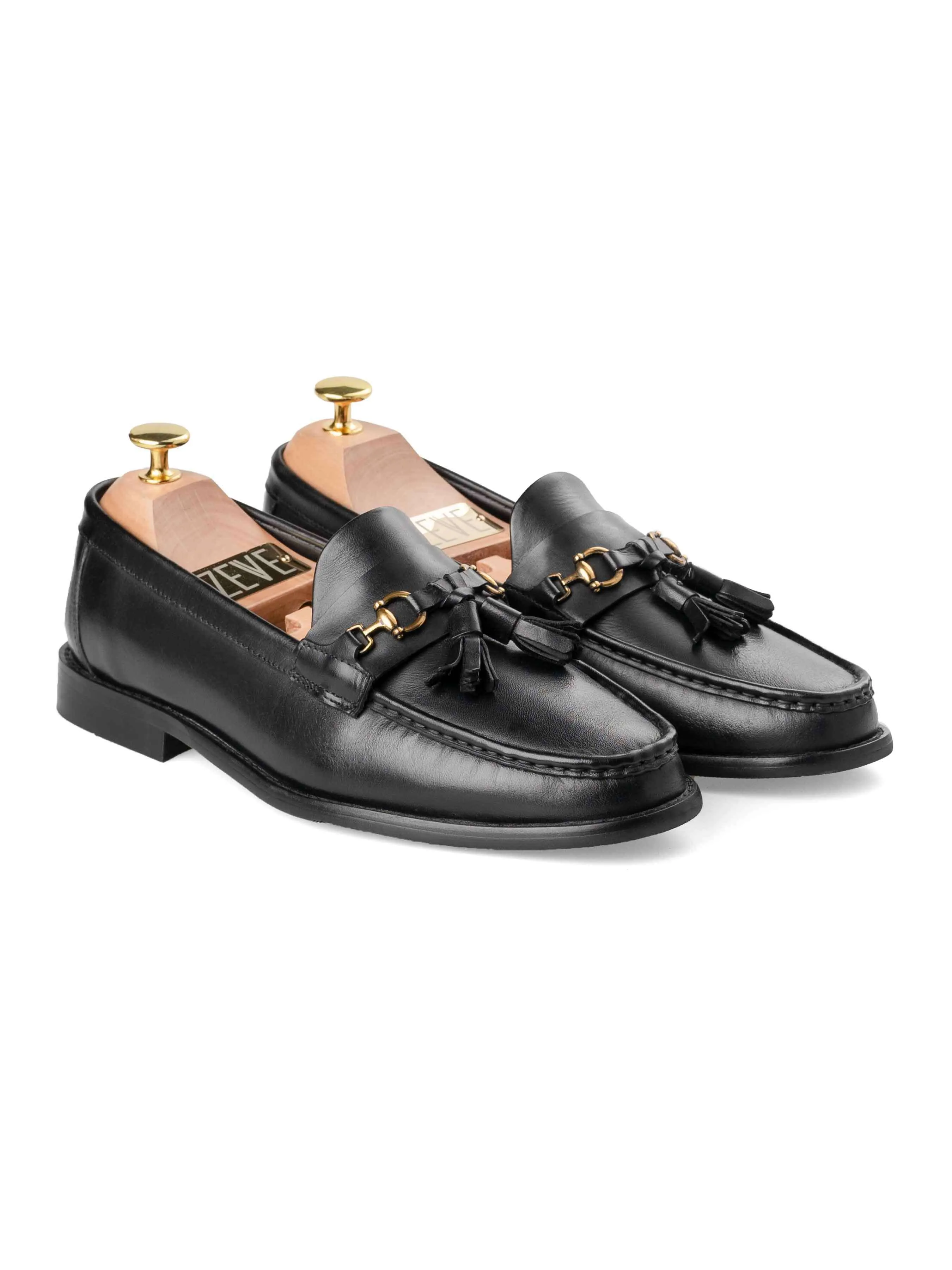 Tassel Moccasin Buckle Loafer  - Solid Black Leather Kind Feel