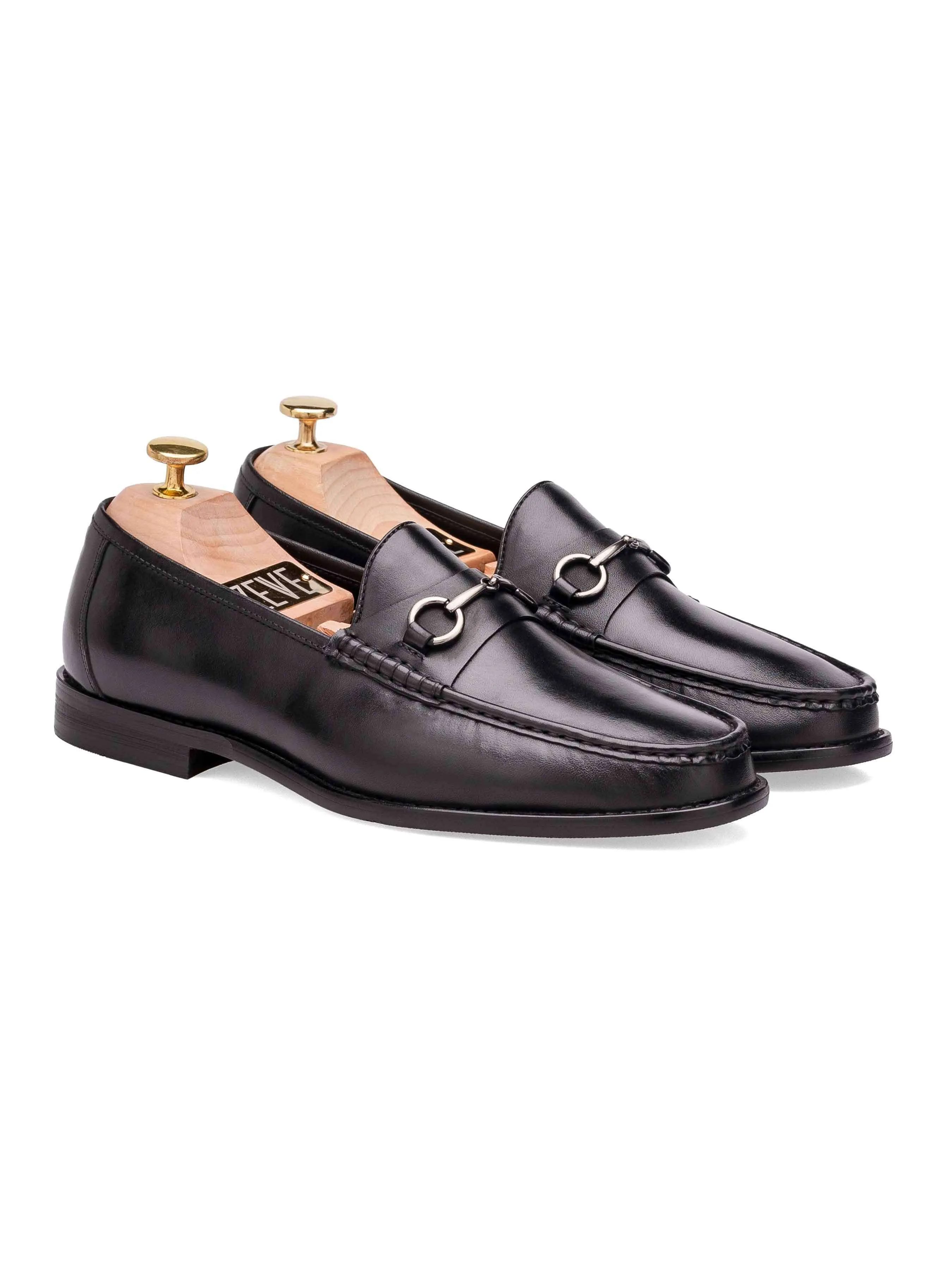 Easy Pace Mario Horsebit?Moccasin?Loafer - Black Leather (Silver Buckle)