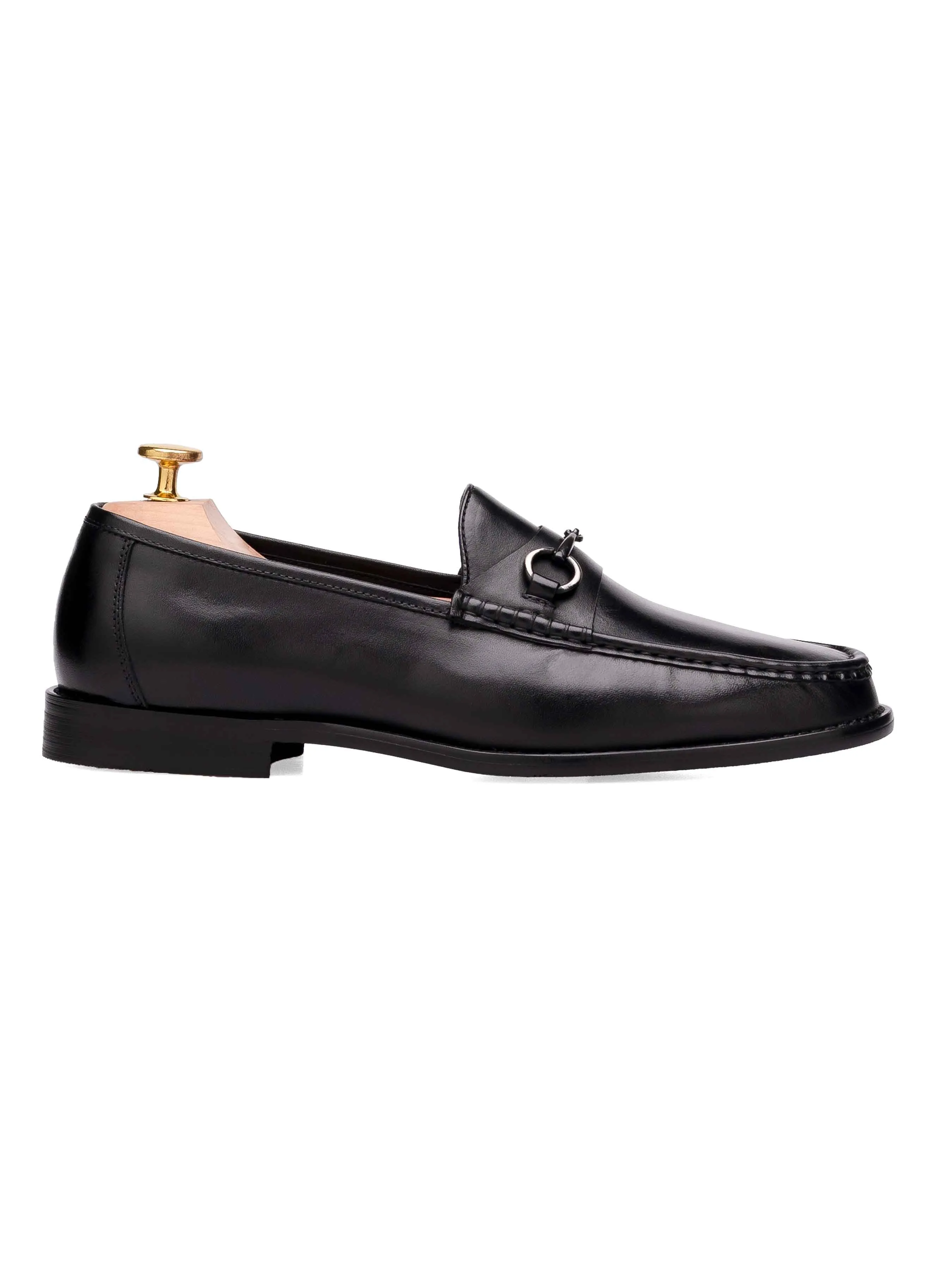 Mario Horsebit?Moccasin?Loafer - Black Leather (Silver Buckle) Dinner Outing Orthopedic Design